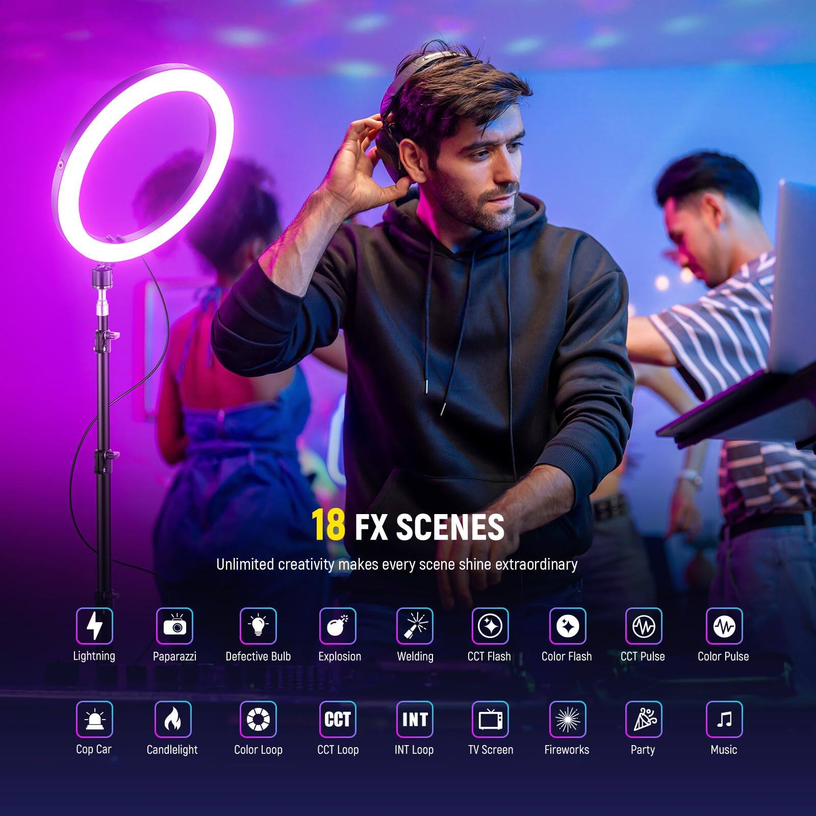 18 FX SCENES  
Unlimited creativity makes every scene shine extraordinary  

- Lightning  
- Paparazzi  
- Defective Bulb  
- Explosion  
- Welding  
- CCT Flash  
- Color Flash  
- CCT Pulse  
- Color Pulse  
- CCT  
- INT  
- Cop Car  
- Candlelight  
- Color Loop  
- CCT Loop  
- INT Loop  
- TV Screen  
- Fireworks  
- Party  
- Music
