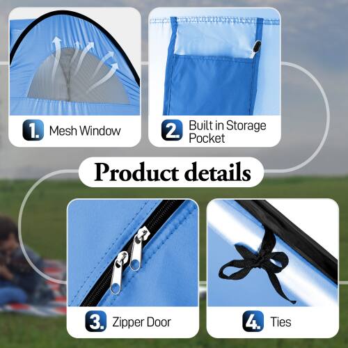 1. Mesh Window  
2. Built in Storage Pocket  
3. Zipper Door  
4. Ties