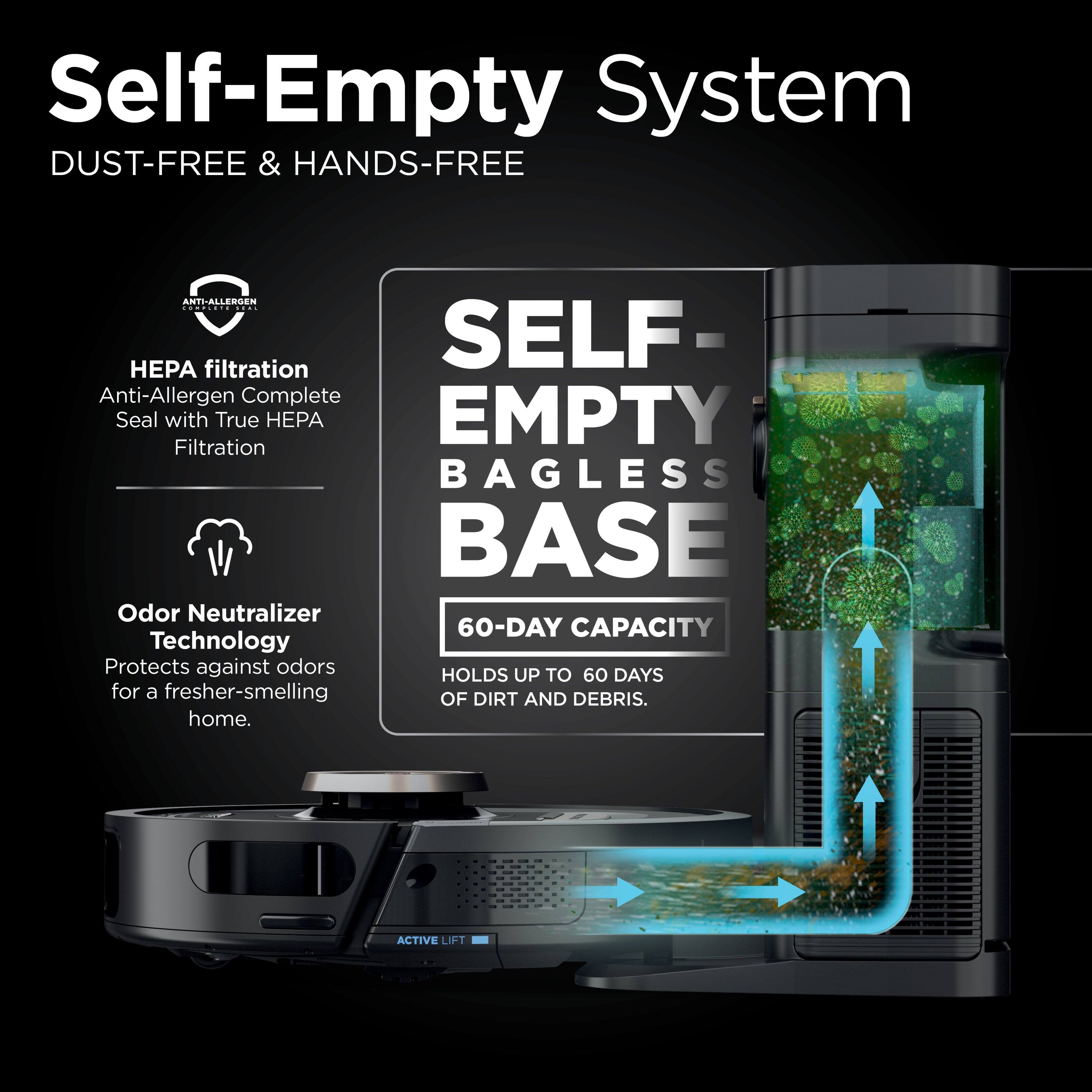The text on the image is grouped and corrected as follows:

"Self-Empty System Dust-Free & Hands-Free Anti-Allergen Complete Seal with True HA EMPTY Filtration Bagless Base Odor Neutralizer 60-Day Capacity Technology Protects against odors Holds up to 60 days for a fresher-smelling home. Active Lift."