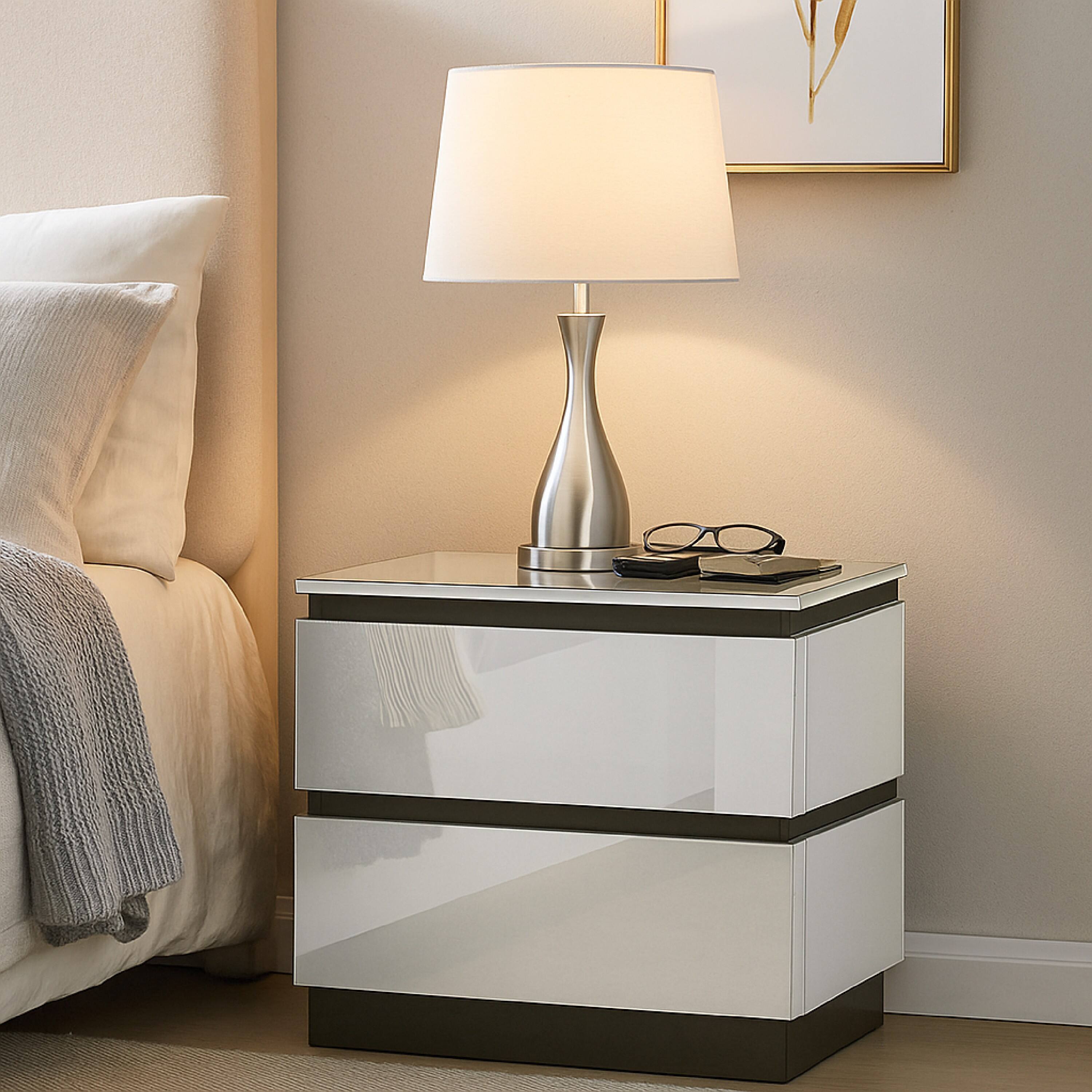 Alt View 2. Manhattan Lane - Nav 22 Inch Modern Nightstand with 2 Drawers, Concealed Handles, - White, Metallic Gray.