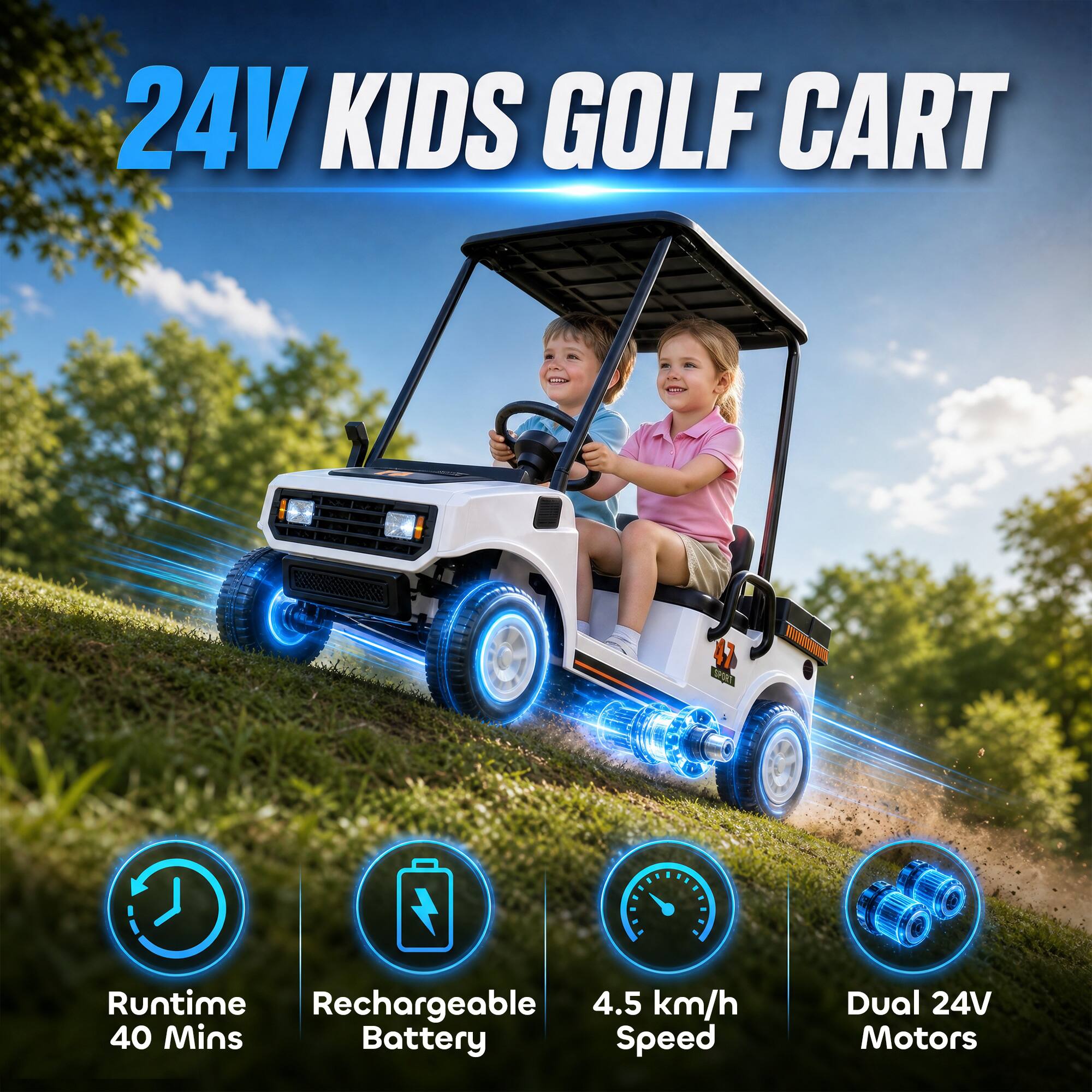 24V KIDS GOLF CART

- Runtime: 40 Mins
- Rechargeable Battery
- Speed: 4.5 km/h
- Dual 24V Motors