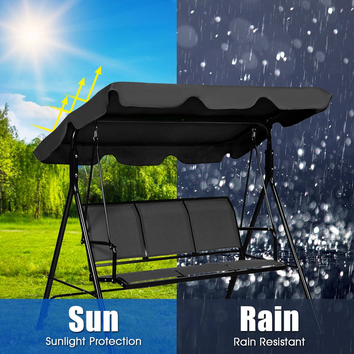 Alt View 7. Gymax - Gymax Outdoor Porch Swing Canopy Patio Swing Chair 3 Person Canopy Hammock - Black.