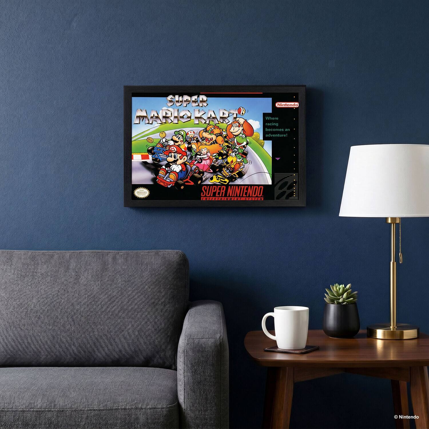 SUPER Nintendo MARIOKART Where racing becomes an adventure!  
SUPER NINTENDO ENTERTAINMENT SYSTEM  
Nintendo