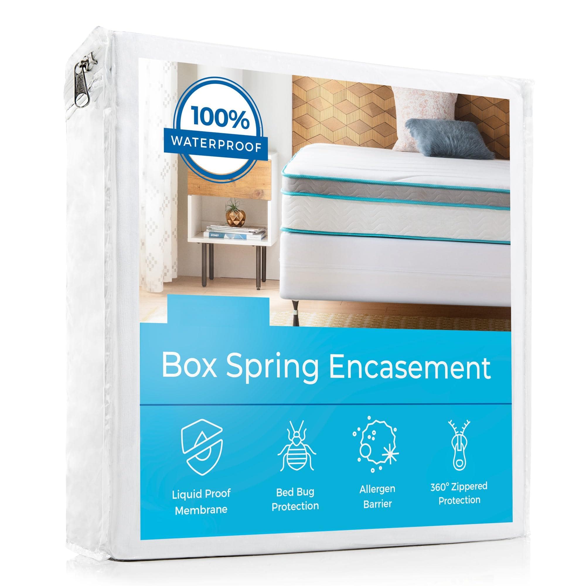 Comfort Essence - Box Spring Encasement - Queen Size Cover Zippered And Waterproof Protector Complete Protection - White