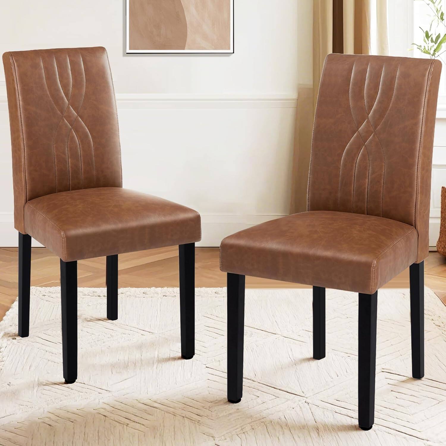 Front. Vecelo - Set of 2 Upholstered Dining Chairs, Modern Linen Fabric Chair & High Back for Kitchen/Living Room - Brown.