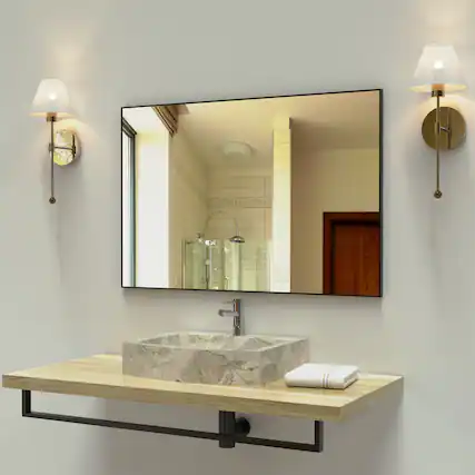 Front. BreeBe - 36" x 24" Modern Black Bathroom Mirror with Aluminum Frame, Vertical or Horizontal Hanging Decorative Wall Mirror - Black.
