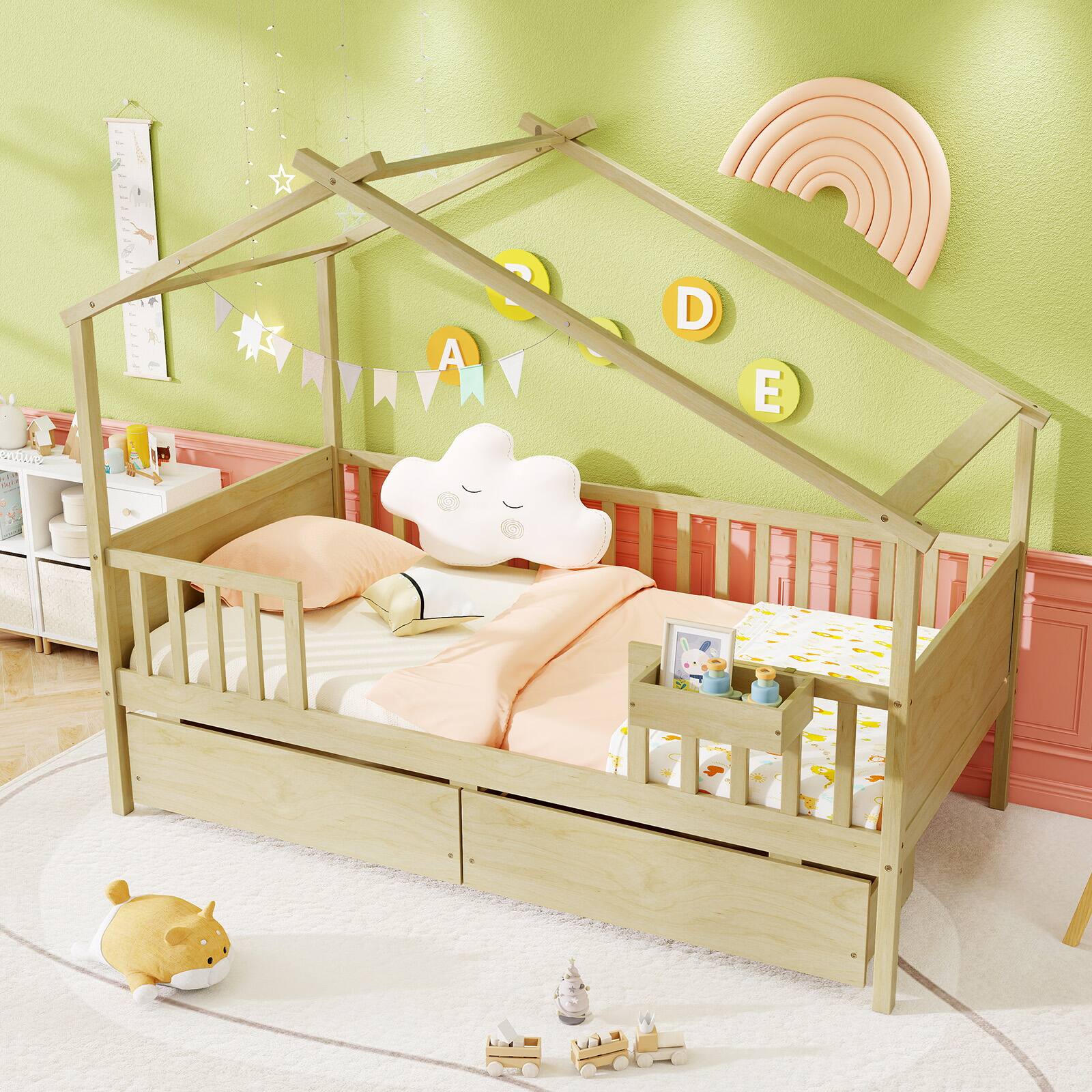 Alt View 3. Gymax - Gymax Twin House Bed w/ 2 Storage Drawers Roof & Fence Rails Headboard & Footboard - Natural.