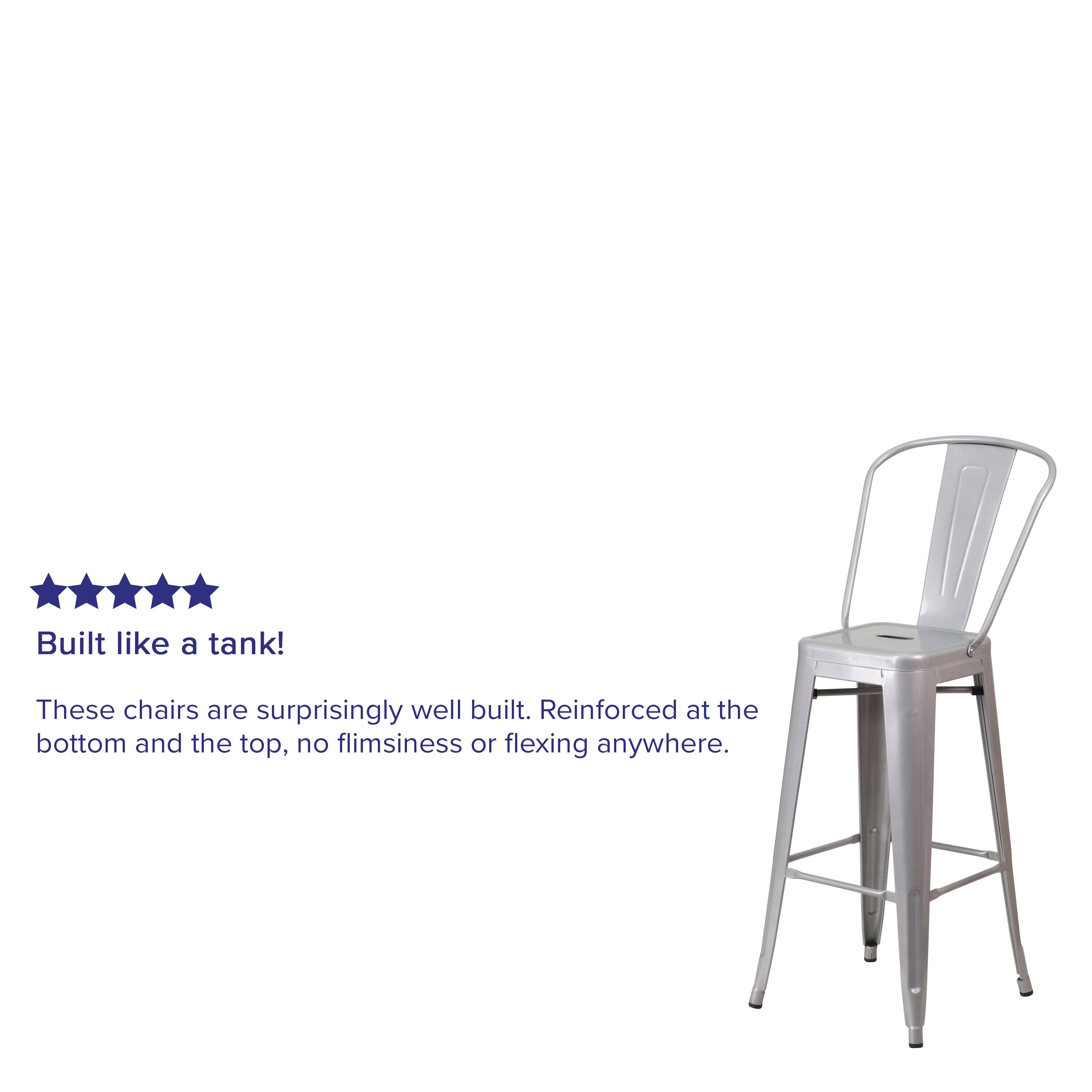 Built like a tank! These chairs are surprisingly well built. Reinforced at the bottom and the top, no flimsiness or flexing anywhere.