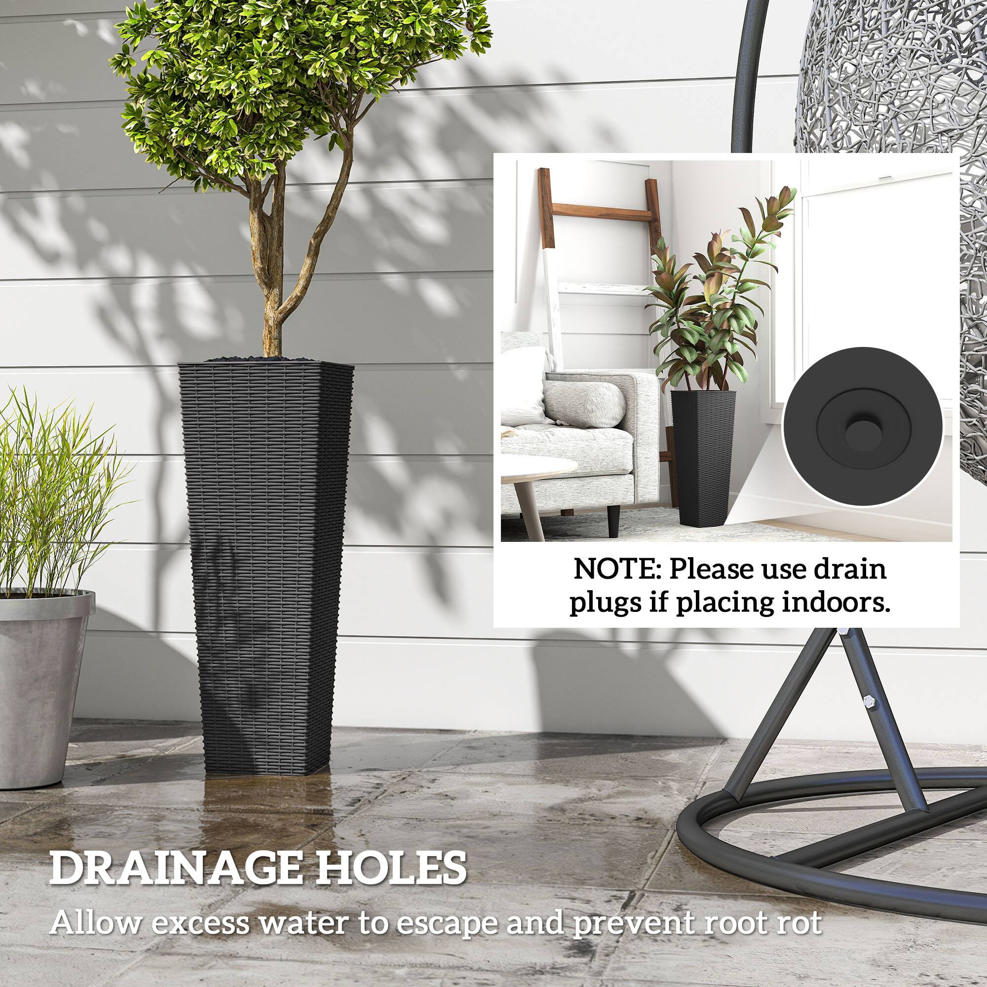 **DRAINAGE HOLES**  
Allow excess water to escape and prevent root rot  

**NOTE:** Please use drain plugs if placing indoors.