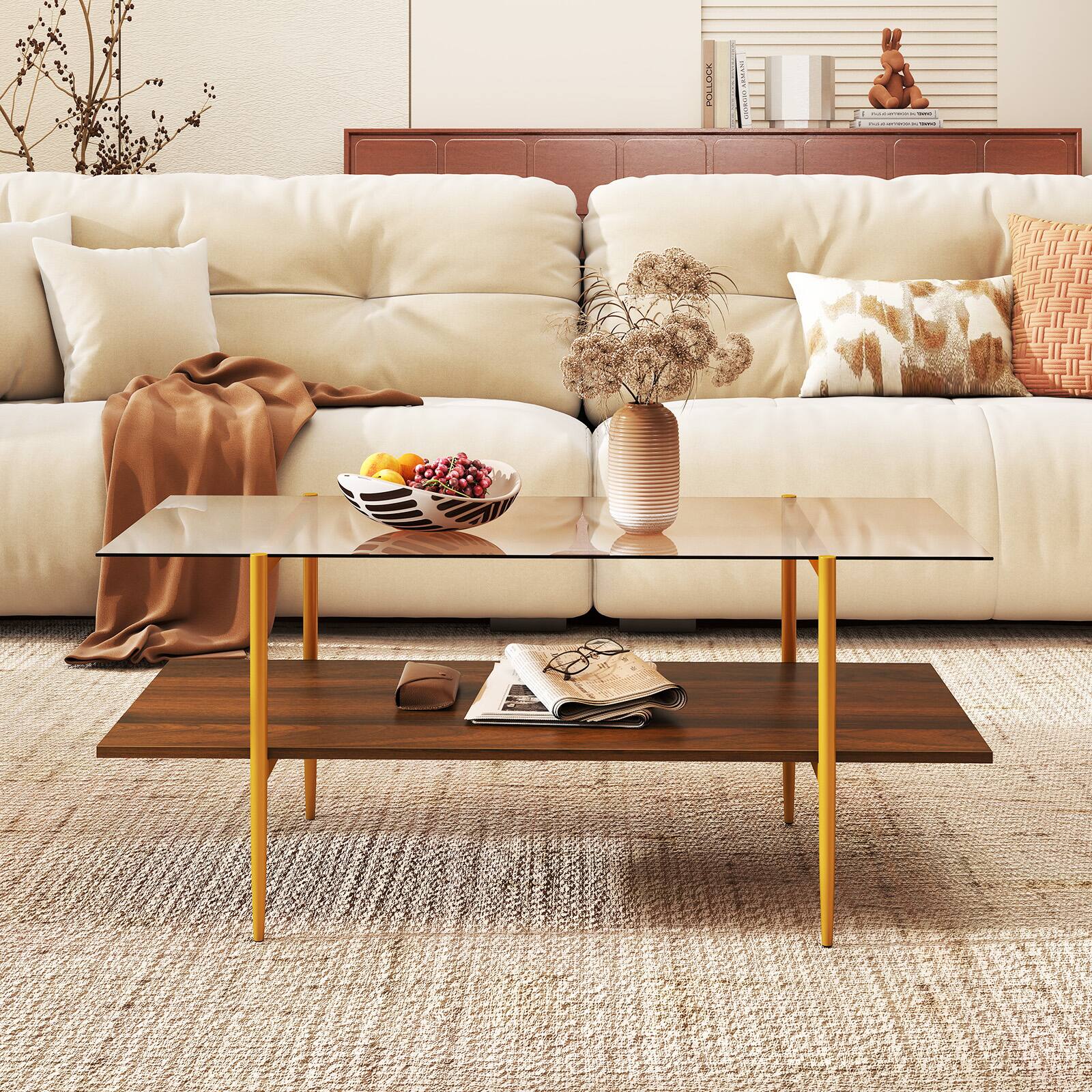 Alt View 3. Gymax - Gymax 2-Tier Glass Coffee Table w/ Tampered Glass Tabletop & Open Storage Shelf - Brown, Gold.