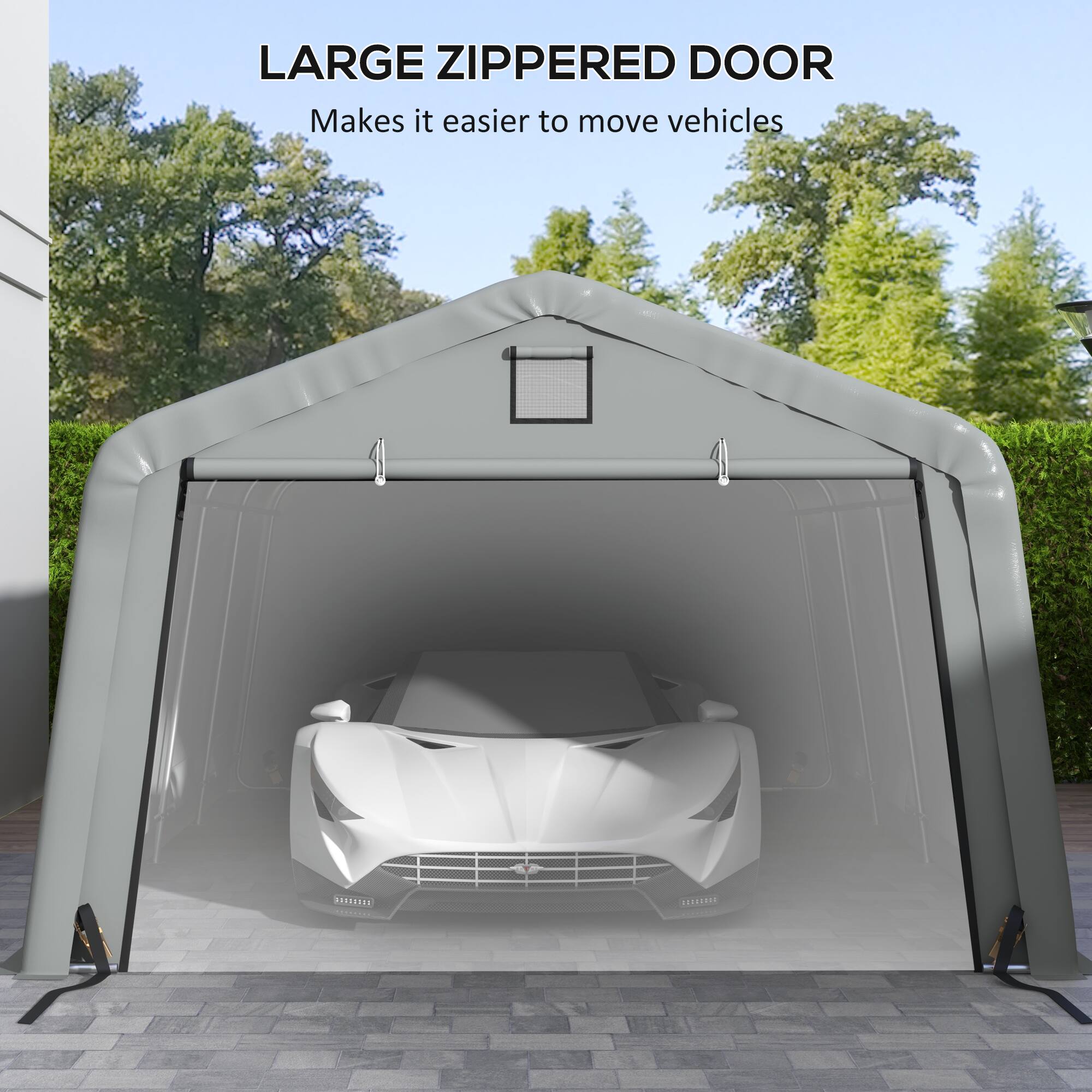 LARGE ZIPPERED DOOR Makes it easier to move vehicles