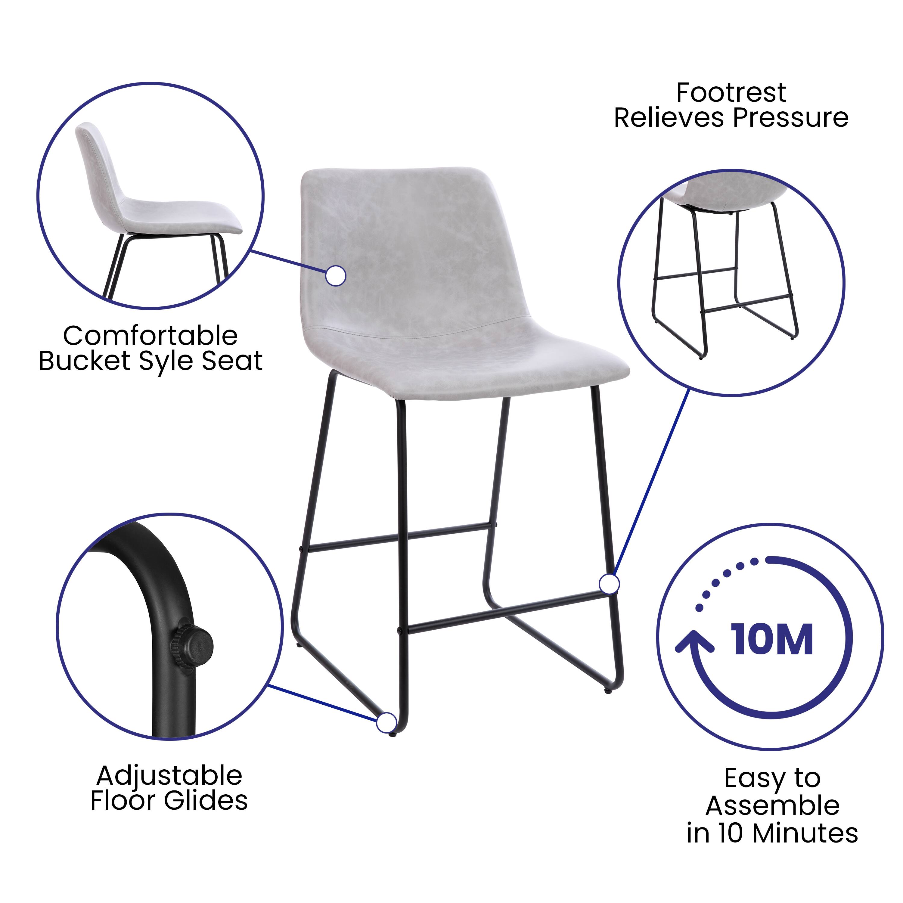 Alt View 15. Alamont Home - 24 Inch Commercial Grade LeatherSoft Counter Height Barstools, Set of 2 - Light Gray.
