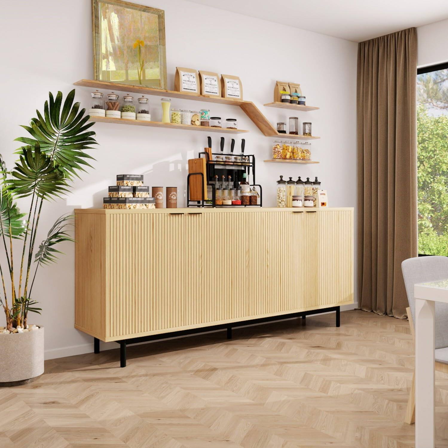 Left. Dyonery - Buffet Cabinet with Storage, 58” Large Sideboard with Shelves and 4 Doors, Fluted Sideboard Coffee Bar Cabinet - White.