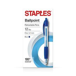 Staples - Ballpoint Retractable Pens, Fine Point, Blue Ink, Dozen - Clear