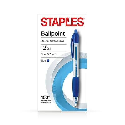 Staples - Ballpoint Retractable Pens, Fine Point, Blue Ink, Dozen - Clear