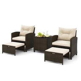 Pefilos - 5-Piece Outdoor Wicker Set with Soft and Cozy Cushions, Furniture Set with 3-in-1 Multifunctional Ottomans and - White