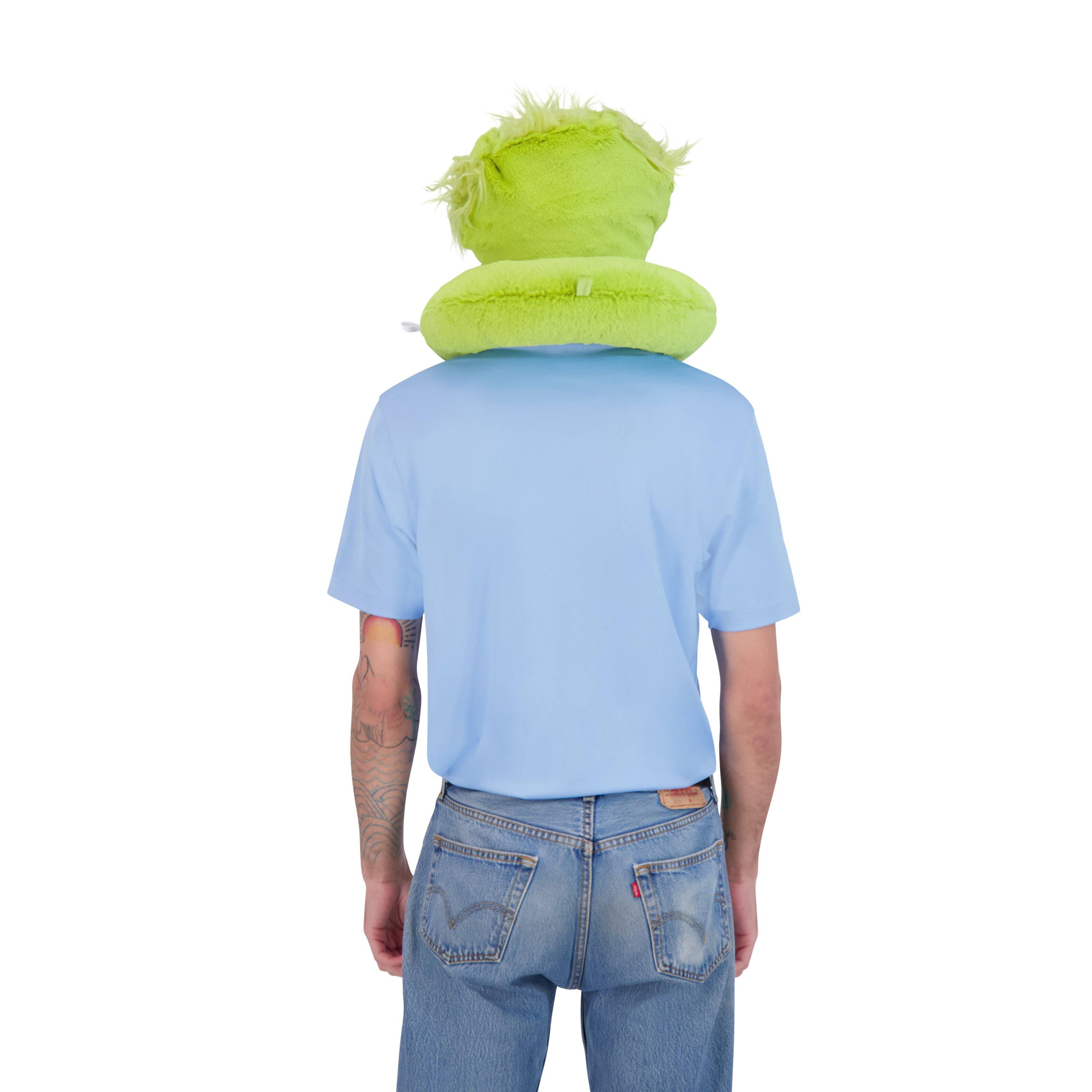 Back. Concept One - Grinch Face Hooded Fur Neck Pillow - GREEN.
