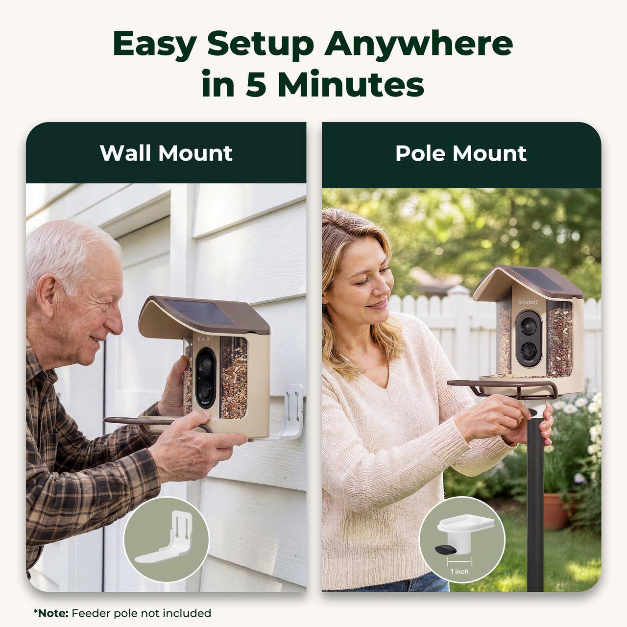 Easy Setup Anywhere in 5 Minutes

Wall Mount

Pole Mount

kiwibit

*Note: Feeder pole not included