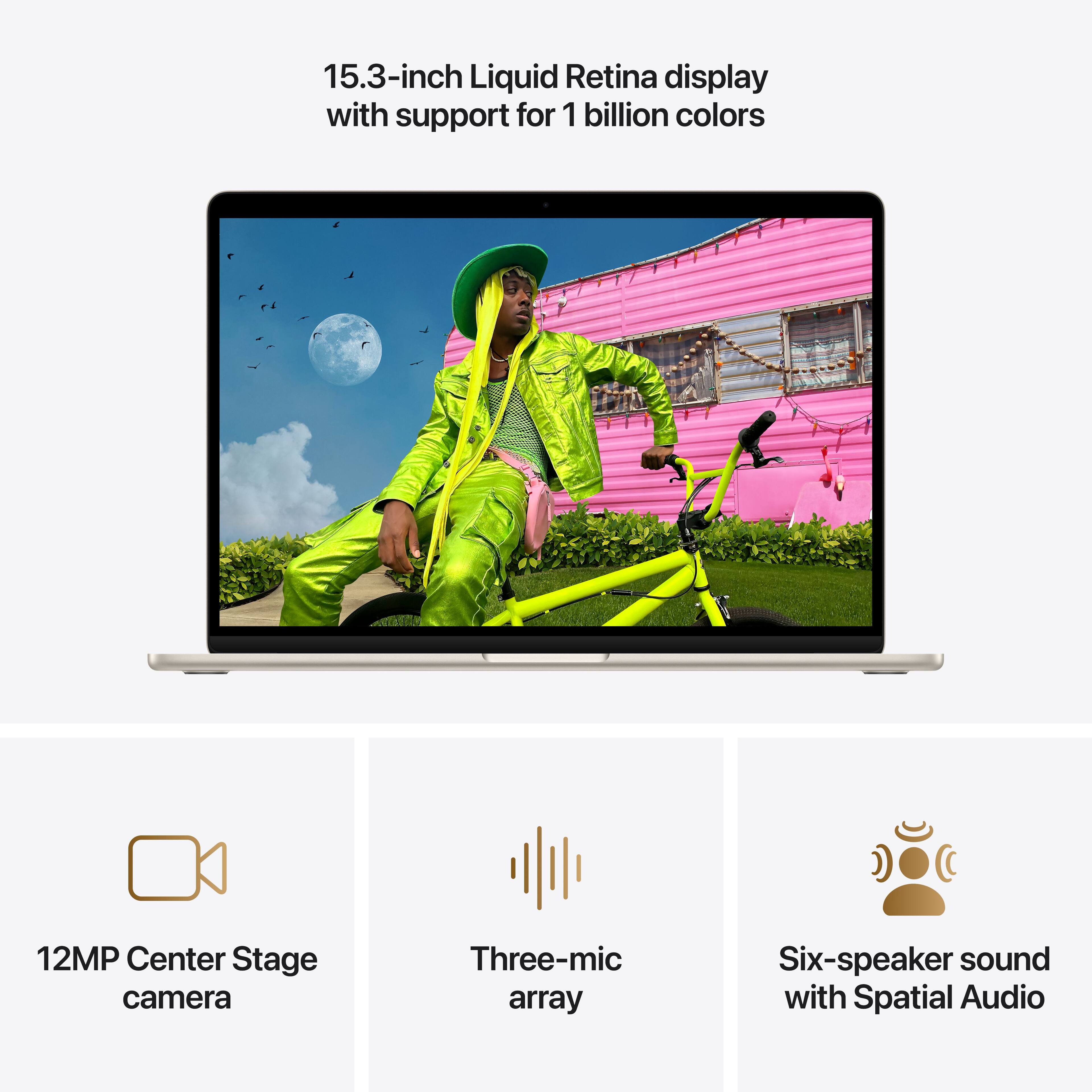 15.3-inch Liquid Retina display with support for 1 billion colors

12MP Center Stage camera

Three-mic array

Six-speaker sound with Spatial Audio