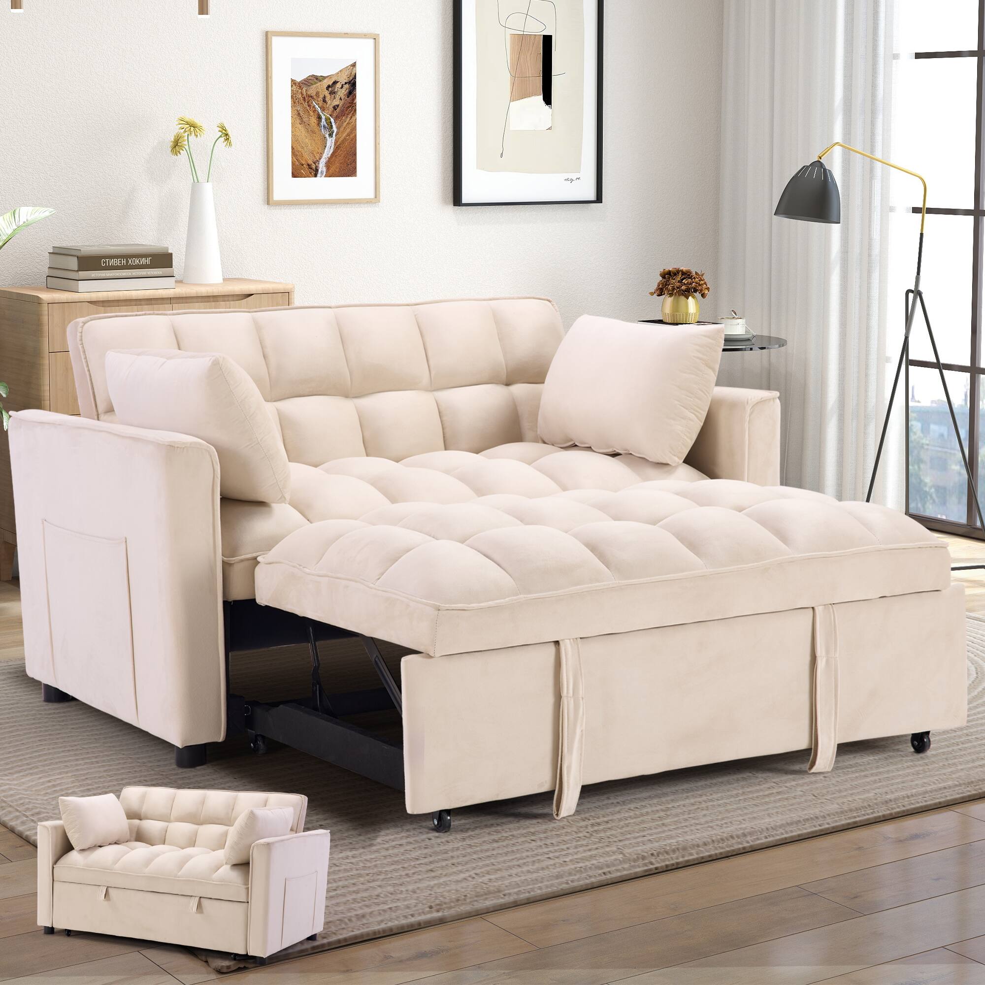 Bestier - Convertible Velvet Sofa Bed 3-in-1 Upholstered Pull Out Sleeper Sofa with 2 Pillows - White