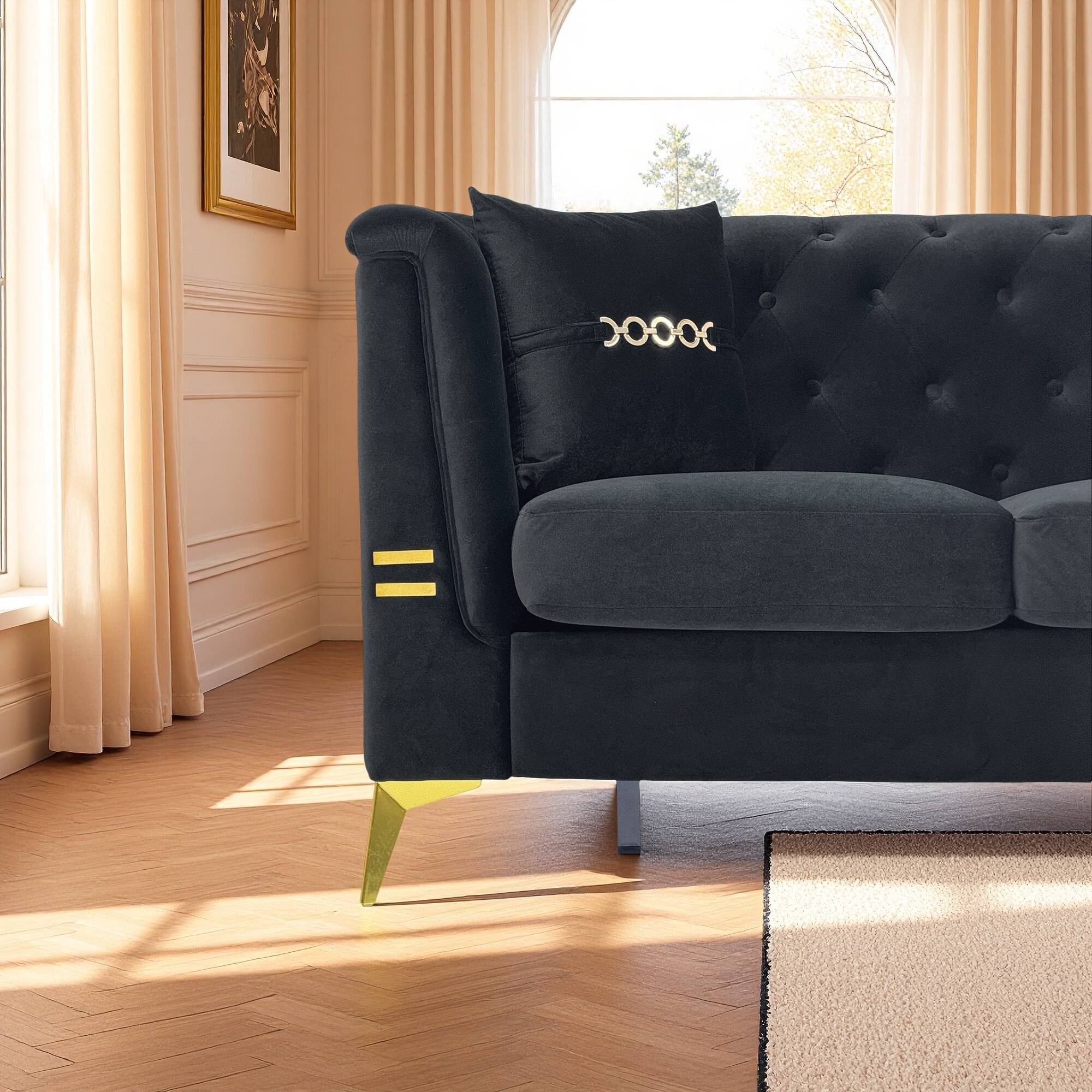 Angle. Anysun - 82.7" Velvet 3-Seat Chesterfield Sofa with Gold Legs - Modern Tufted Design, Includes 2 Pillows. - Black.