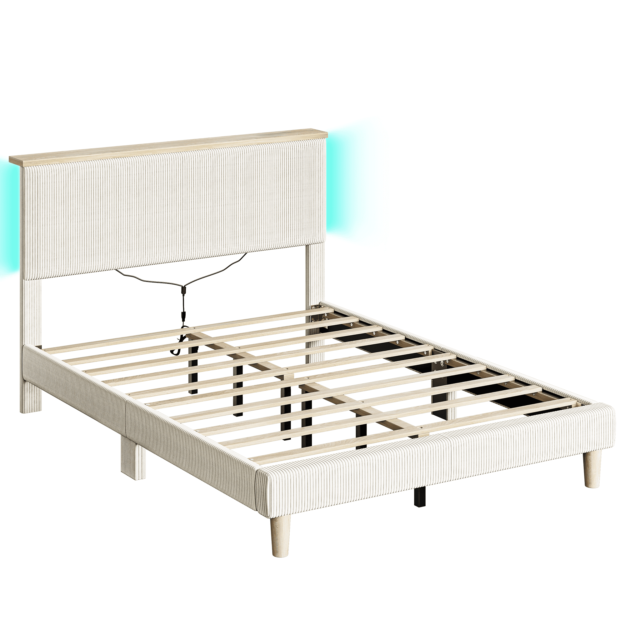 Left. Bestier - Queen Size Upholstered Platform Bed Frame with LED Lighting and Adjustable Storage Headboard for Bedroom - Beige.