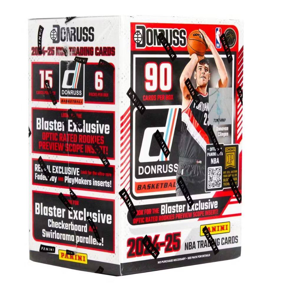 **Front:**

- DONRUSS
- 2024-25 NBA TRADING CARDS
- 90 CARDS PER BOX
- DONRUSS BASKETBALL
- Blaster Exclusive
- OPTIC RATED ROOKIES PREVIEW SCOPE INSERT!
- Blaster Exclusive
- Checkerboard Swirlorama parallels!
- PANINI
- NO PURCHASE NECESSARY - SEE PACK FOR DETAILS

**Left Side:**

- DONRUSS
- 2024-25 NBA TRADING CARDS
- 15 CARDS PER PACK
- 6 PACKS PER BOX
- Blaster Exclusive
- OPTIC RATED ROOKIES PREVIEW SCOPE INSERT!
- REAL EXCLUSIVE
- Fadeaway and PlayMakers inserts!
- Blaster Exclusive
- Checkerboard Swirlorama parallels!
- PANINI

**Back:**

- DONRUSS
- 2024-25 NBA TRADING CARDS
- 90 CARDS PER BOX
- DONRUSS BASKETBALL
- Blaster Exclusive
- OPTIC RATED ROOKIES PREVIEW SCOPE INSERT!
- Blaster Exclusive
- Checkerboard Swirlorama parallels