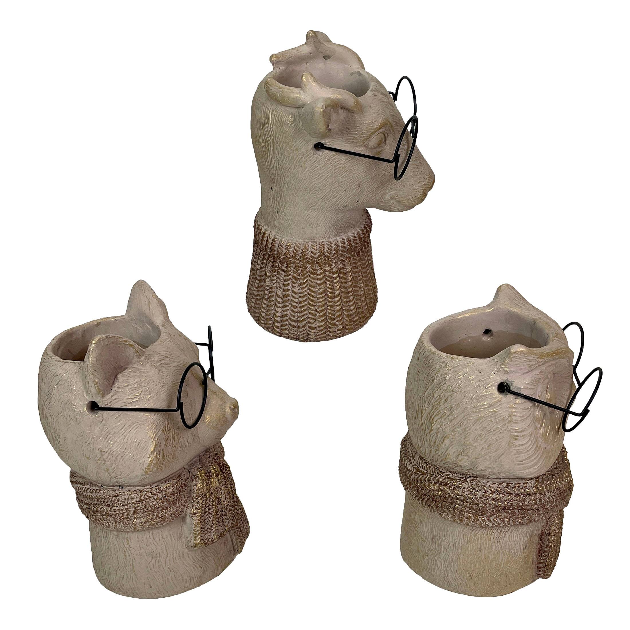 Alt View 7. Things2Die4 - Set of 3 Bespectacled Animal Vases Fox Owl Deer Gold Accent Knit Scarves Glasses - Taupe.