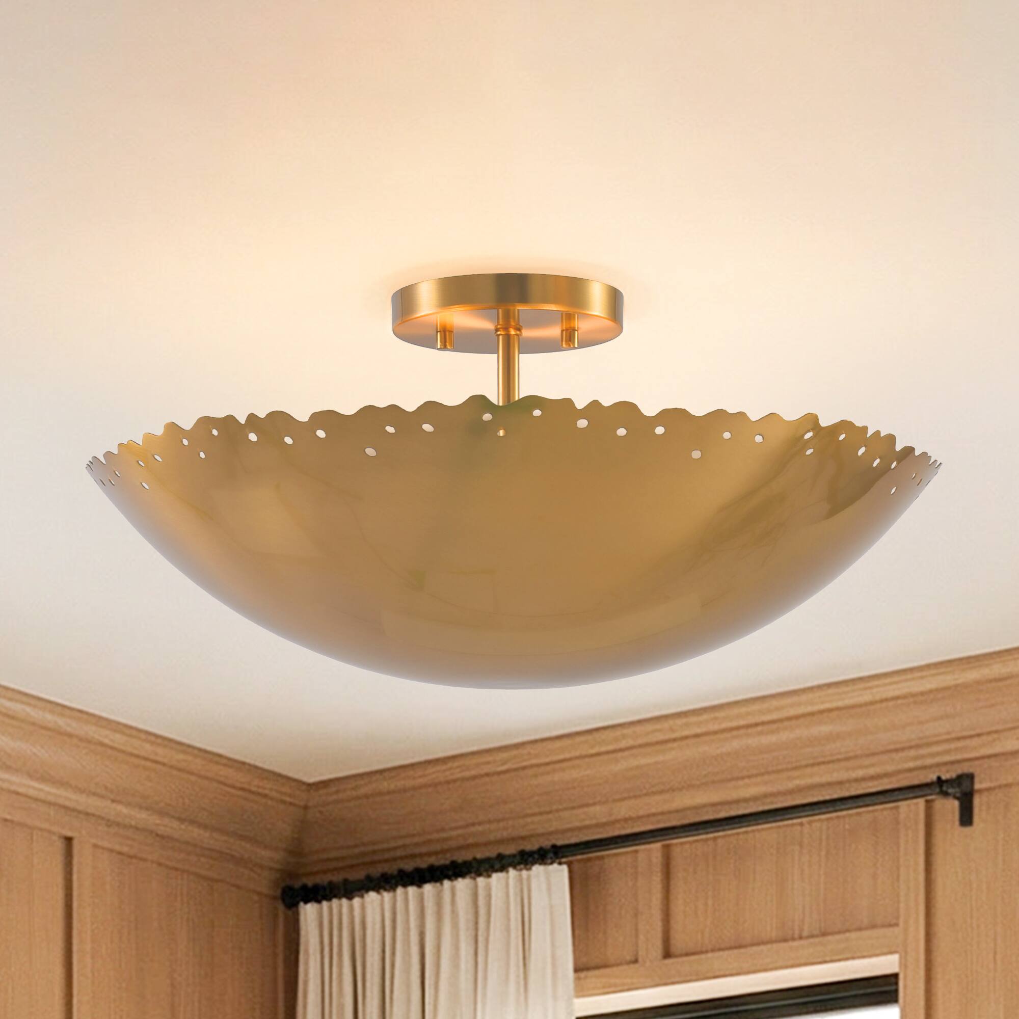 Back. Parrot Uncle - Antique Gold 3-Light Semi Flush Mount Ceiling Light - Brass.
