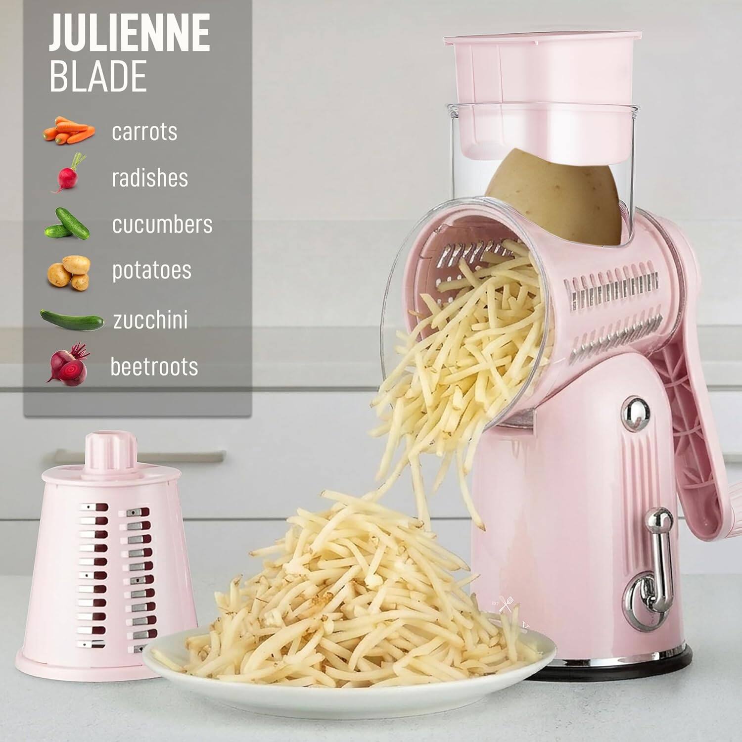 JULIENNE BLADE

- carrots
- radishes
- cucumbers
- potatoes
- zucchini
- beetroots