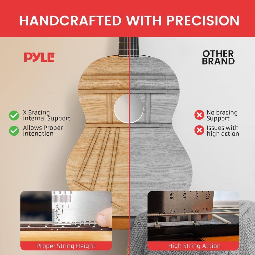HANDCRAFTED WITH PRECISION

PYLE

- X Bracing internal Support
- Allows Proper Intonation

Proper String Height

OTHER BRAND

- No bracing Support
- Issues with high action

High String Action