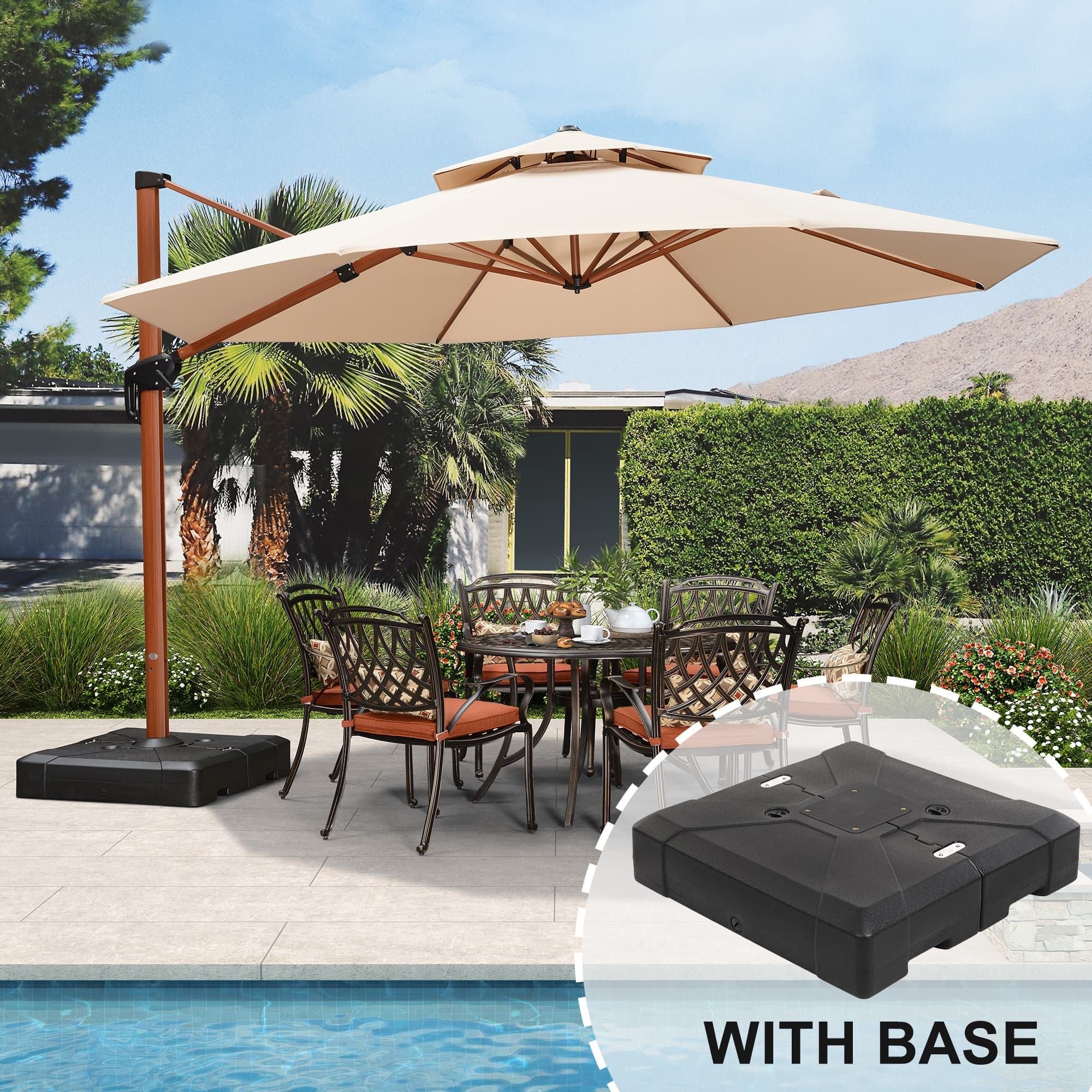 PURPLE LEAF - 13 ft. Patio Octagon Outdoor Large Cantilever Umbrella Windproof Offset Heavy Duty Sun Umbrella with Base for Garden - Beige