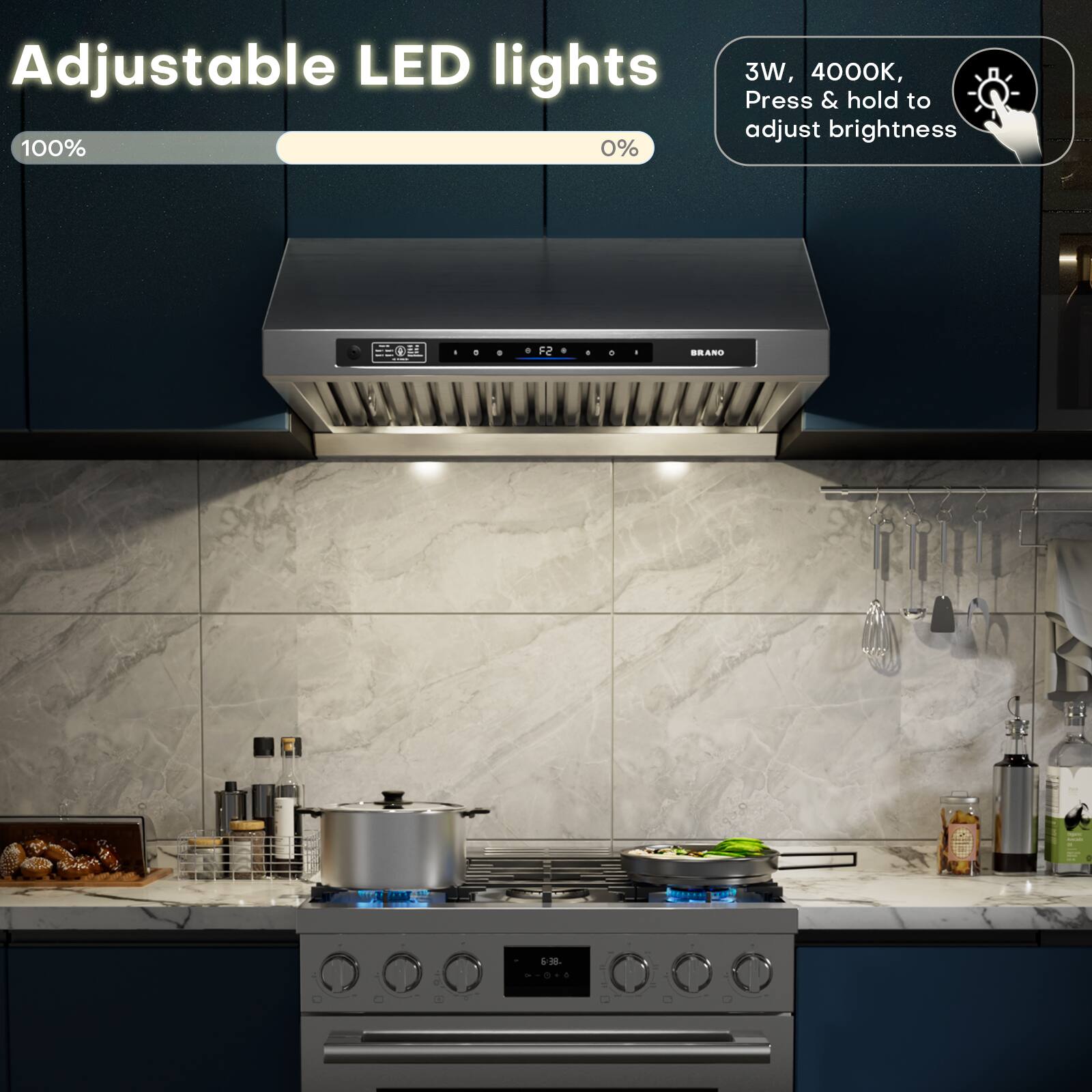 Adjustable LED lights  
100% 0%  
3W, 4000K, Press & hold to adjust brightness  
F2 BRAND