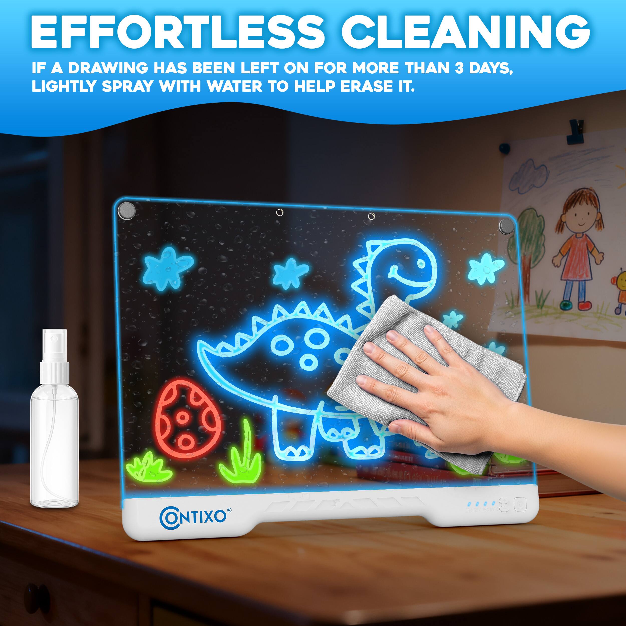 EFFORTLESS CLEANING

IF A DRAWING HAS BEEN LEFT ON FOR MORE THAN 3 DAYS, LIGHTLY SPRAY WITH WATER TO HELP ERASE IT.