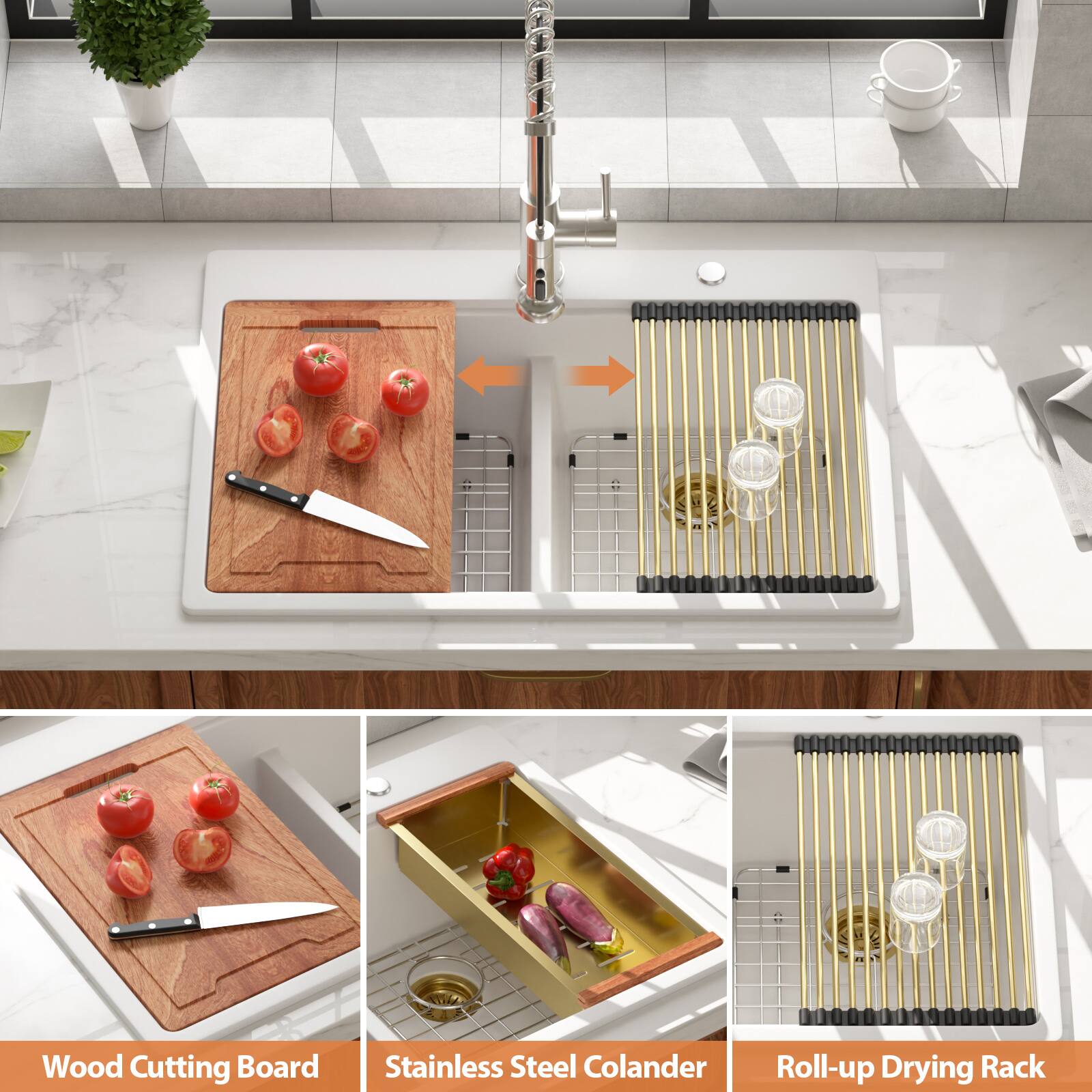 Wood Cutting Board  
Stainless Steel Colander  
Roll-up Drying Rack