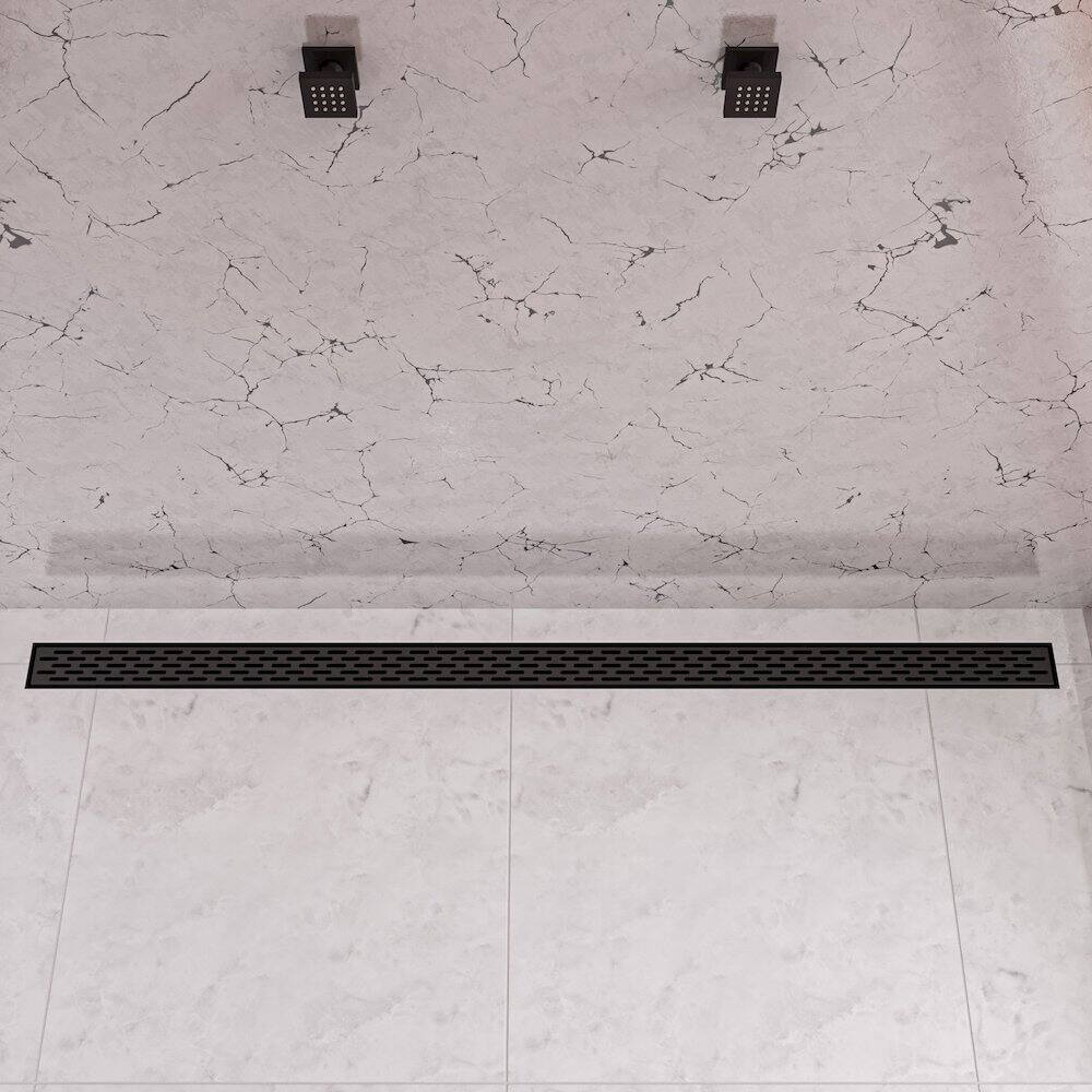 Angle. Alfi - 59" Black Matte Stainless Steel Linear Shower Drain with Groove Holes - Black.