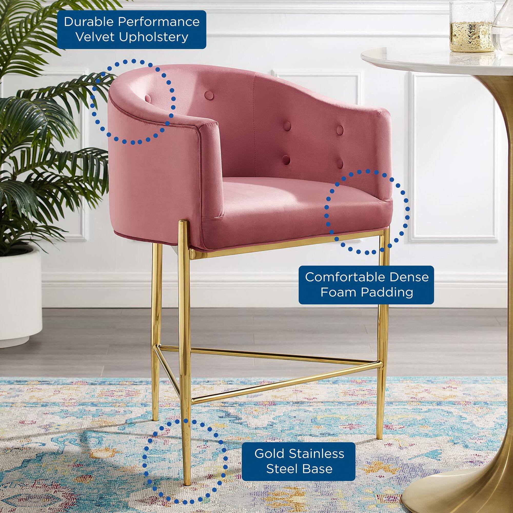 - Durable Performance Velvet Upholstery
- Comfortable Dense Foam Padding
- Gold Stainless Steel Base