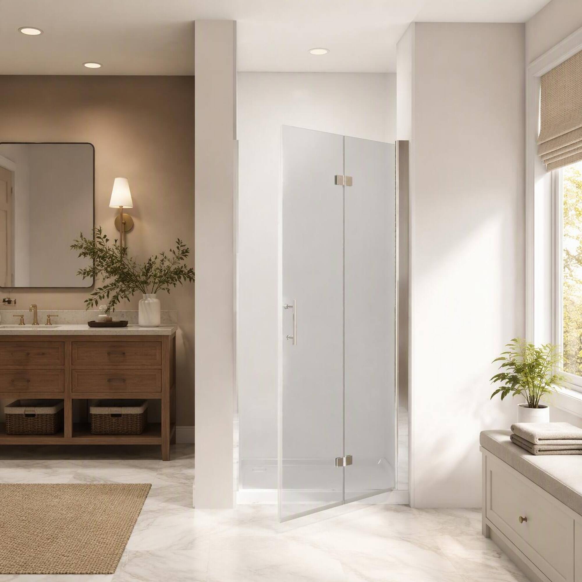 Left. RYHNUYNE - 30-31 In X 72 In Bifold Shower Door, 1/4 In Clear Tempered Glass Chrome Finish - Brushed Nickel.