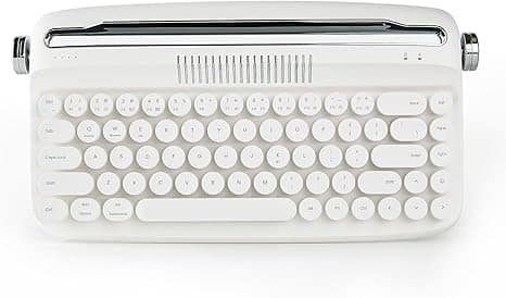 Wikistore - Upgraded Wireless Typewriter Keyboard, Retro Keyboard with Integrated Stand, Cute Round Keycaps for Multi Device - White