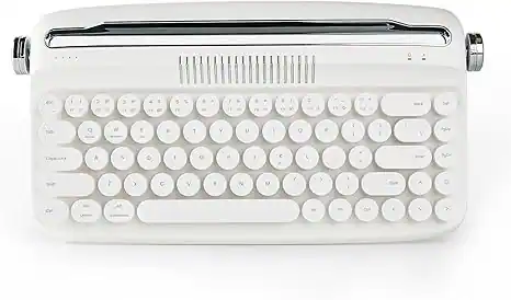 Front. Wikistore - Upgraded Wireless Typewriter Keyboard, Retro Keyboard with Integrated Stand, Cute Round Keycaps for Multi Device - White.