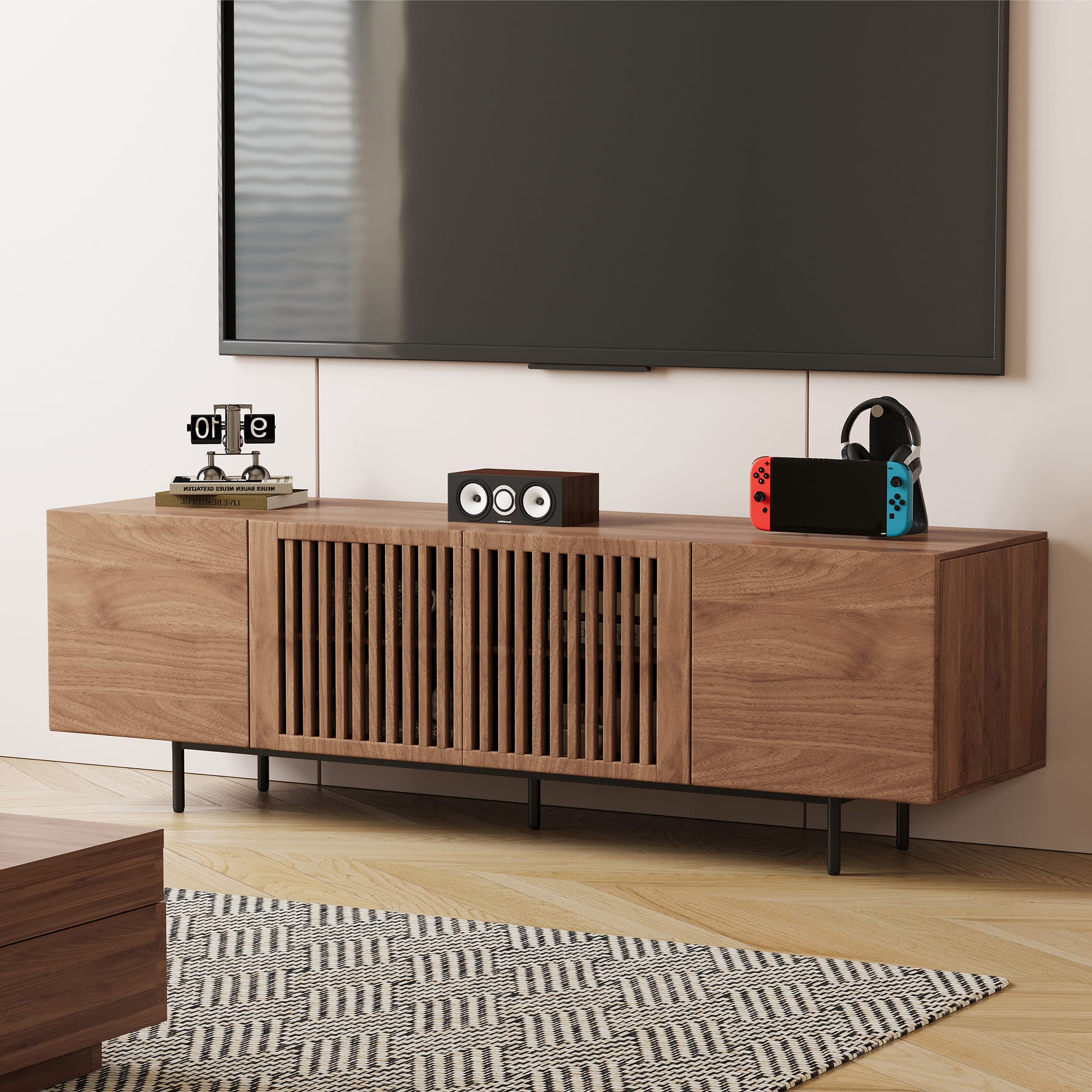 luck idea - Modern 70.87" Walnut TV Stand, Multifunctional Media Console for Living Room & Bedroom - Walnut color