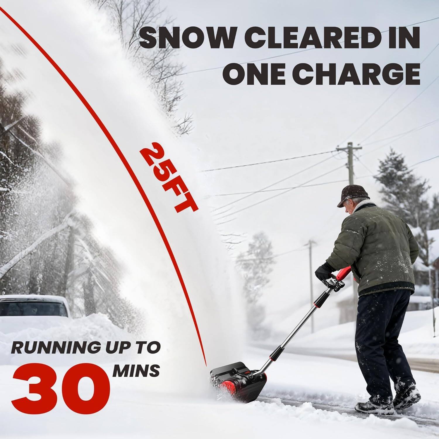 SNOW CLEARED IN ONE CHARGE  
25FT  
RUNNING UP TO 30 MINS