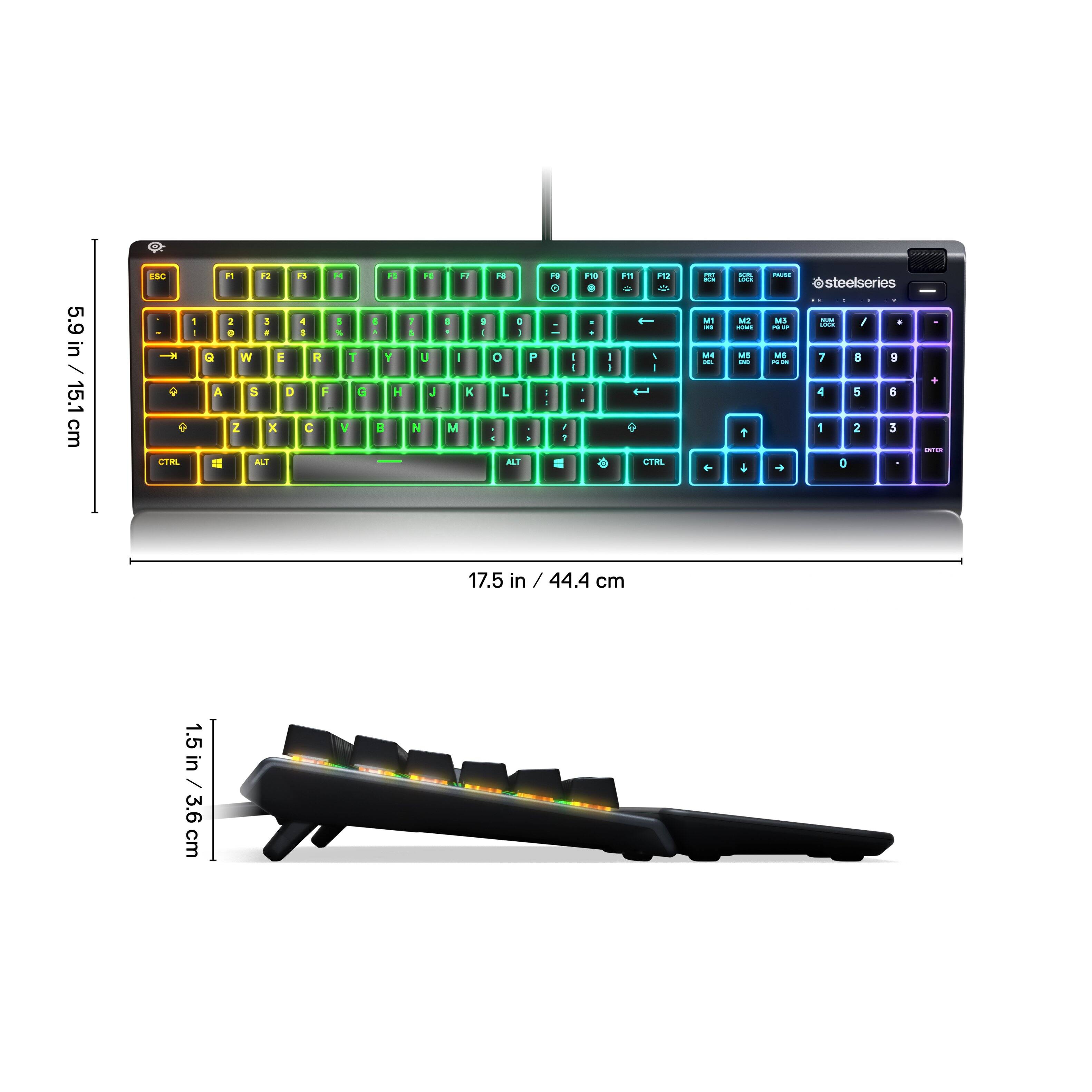 The image features a keyboard and a keyboard cover, both with a rainbow color scheme. The keyboard is 17.5 inches (44.4 cm) long, while the keyboard cover is 17.5 inches (3.6 cm) long. The keyboard is made by Steelseries, and it has a unique design with a combination of black and colorful keys. The keyboard cover is designed to protect the keyboard from dust, dirt, and other potential damage.