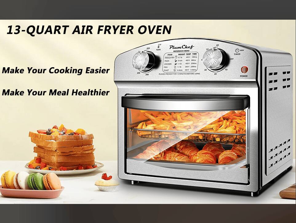 13-QUART AIR FRYER OVEN

Make Your Cooking Easier

Make Your Meal Healthier

PlumChef

REFERENCE MENU

FOOD    WEIGHT TEMP TIME
FRENCH FRY 0.7 lb 450°F 18 mins
PIZZA 6 in 400°F 8 mins
CHICKEN 1.1 lb 450°F 20 mins
FISH 1.1 lb 350°F 25 mins
TOAST 4 slices 450°F 4.5 mins

PLEASE PREHEAT FOR 10 MINUTES BEFORE USING

TIMER OFF POWER