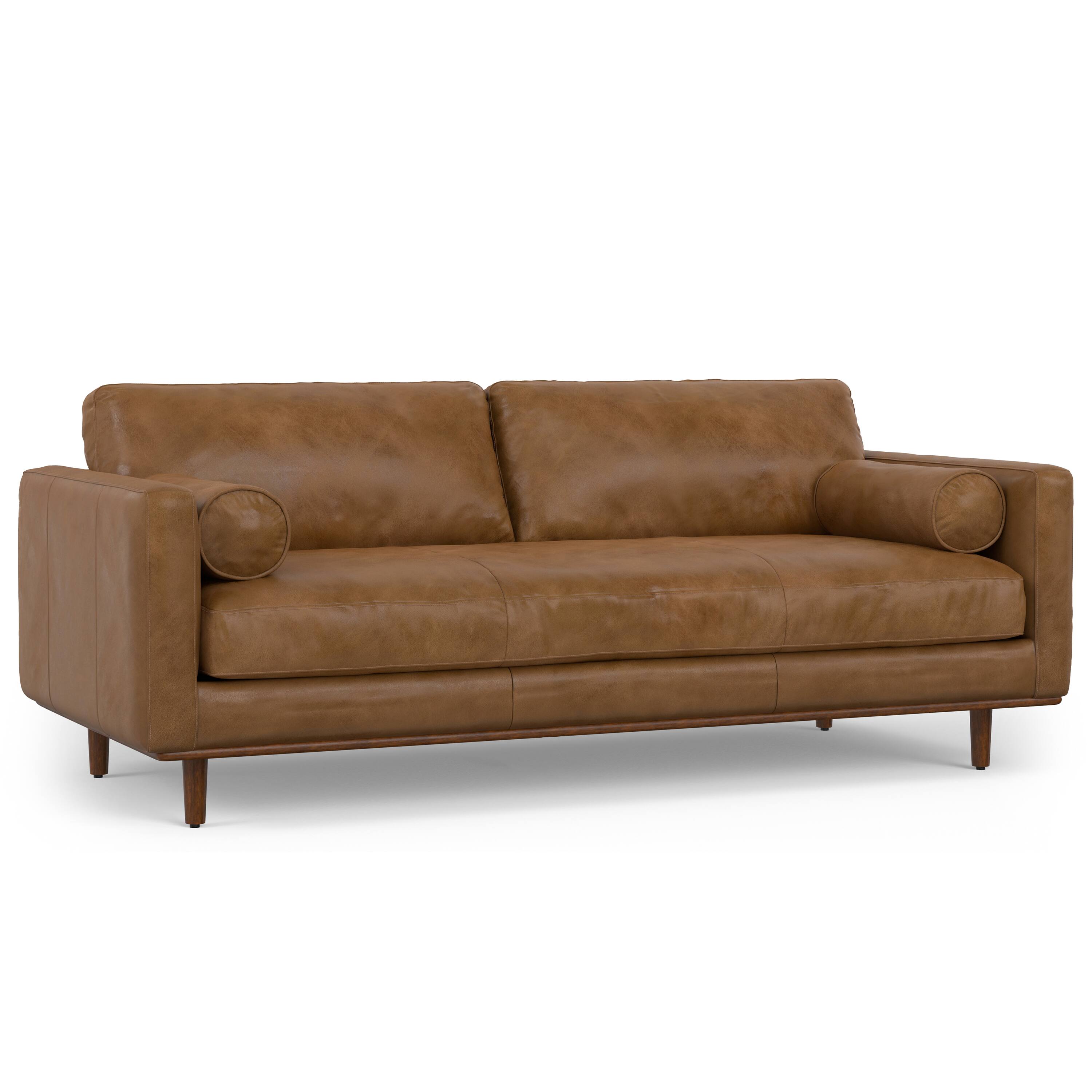 Alt View 2. Simpli Home - Morrison Mid-Century Modern 89 inch Wide Sofa with Ottoman Set in Caramel Brown Genuine Leather - Caramel Brown.