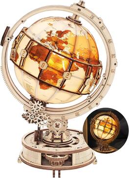 Robotime - ROKR 3D Wooden Puzzles for Adults Illuminated Globe with Stand 180pcs 3D Puzzles Built-in LED Model Kit - Brown