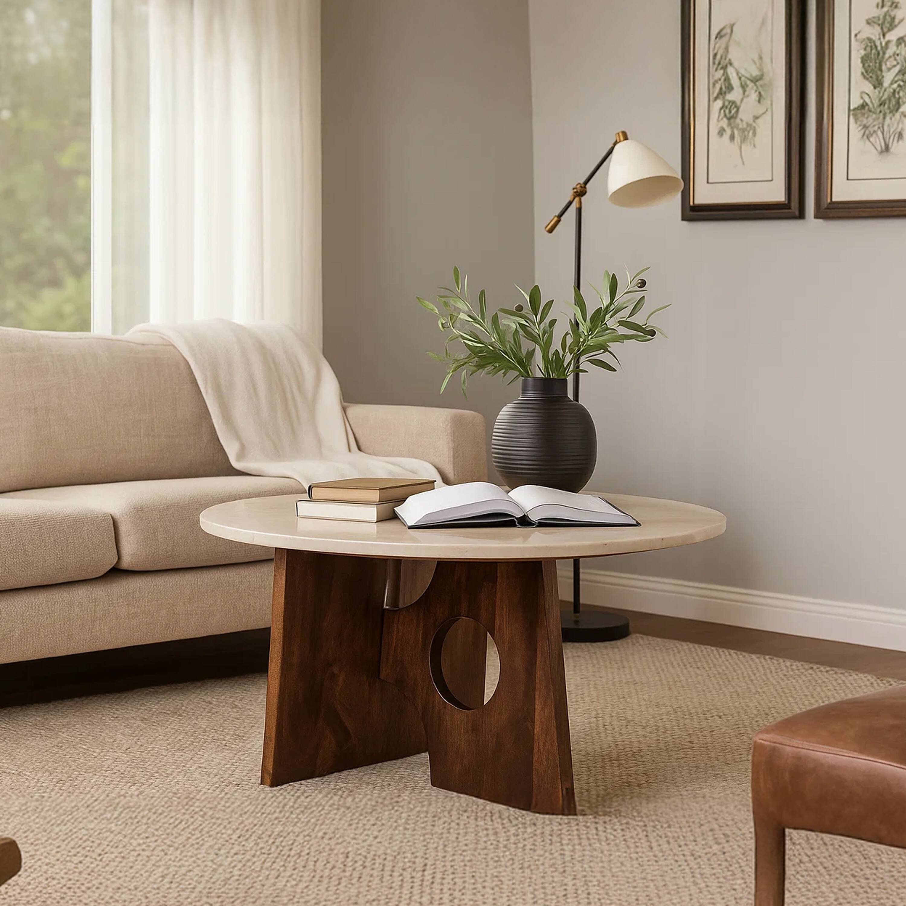 Alt View 8. Manhattan Lane - Kali Coffee Table, 27" Natural Round Marble Tabletop, Mango Wood Sculptural Base - Brown, White.