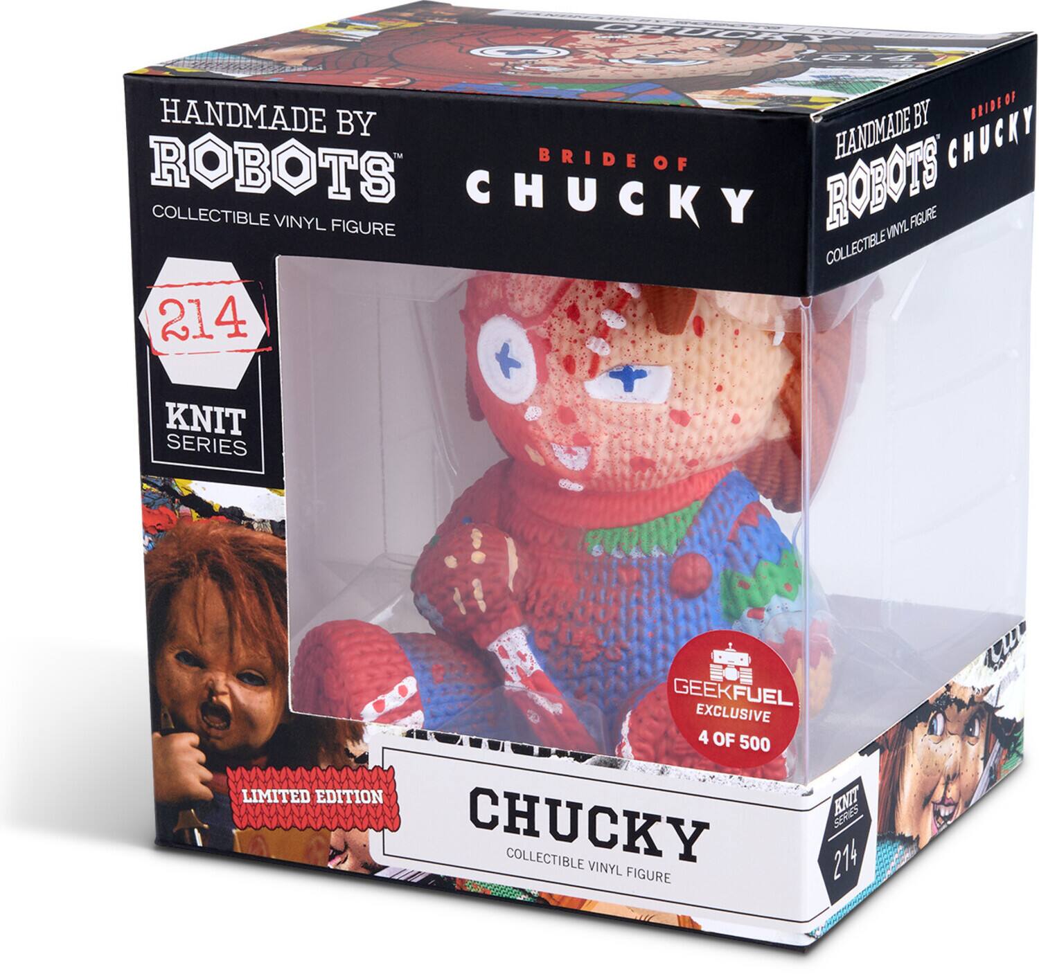 Sure, here is the corrected and grouped text from the image:

---

**Handmade by Robots**  
Collectible Vinyl Figure

**Bride of Chucky**

**Knit Series**  
214

**Limited Edition**

**GeekFuel Exclusive**  
4 of 500

**Chucky**  
Collectible Vinyl Figure

---
