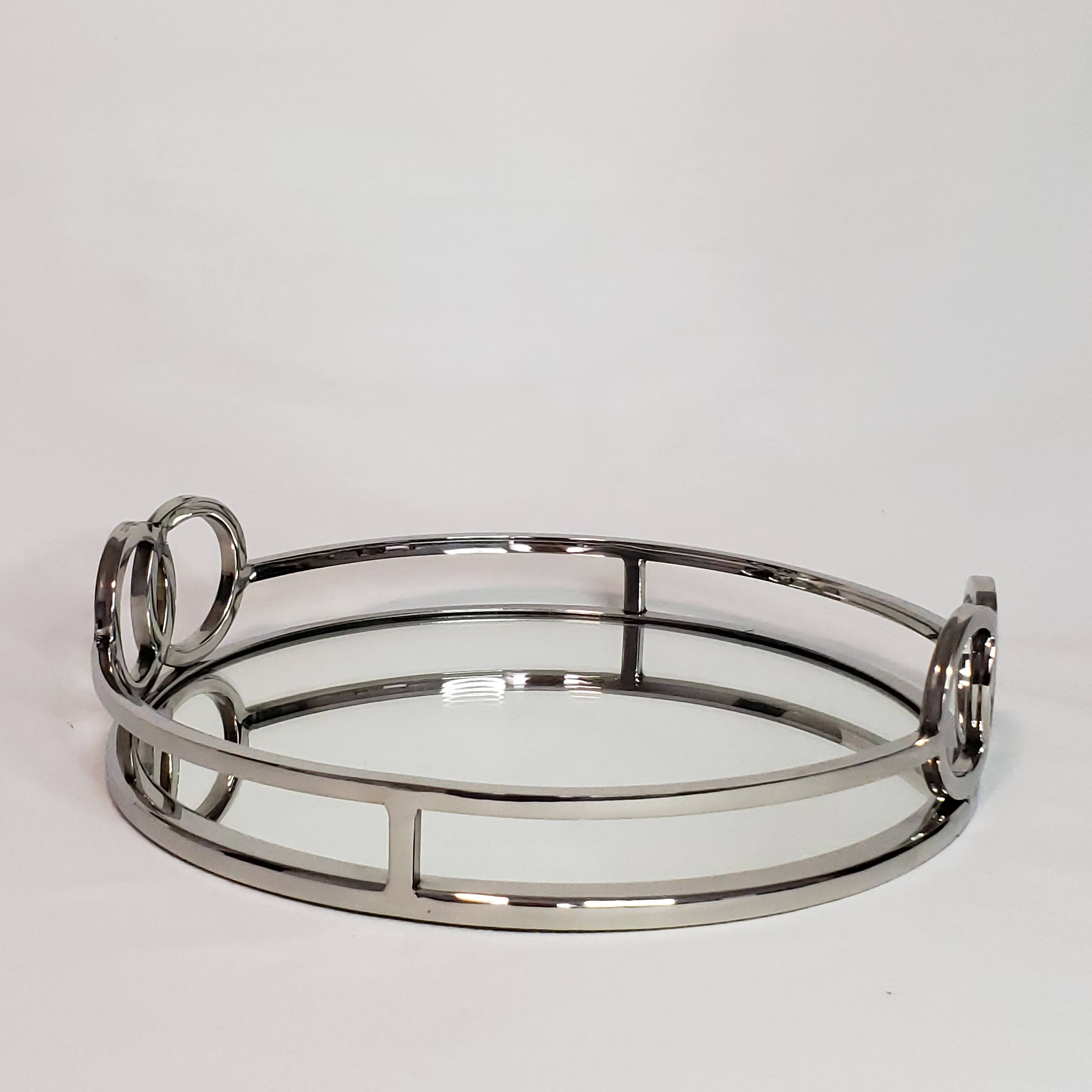 Back. Jiallo - Luxury Silver Stainless Steel Round vanity tray with mirror 11" - Silver.