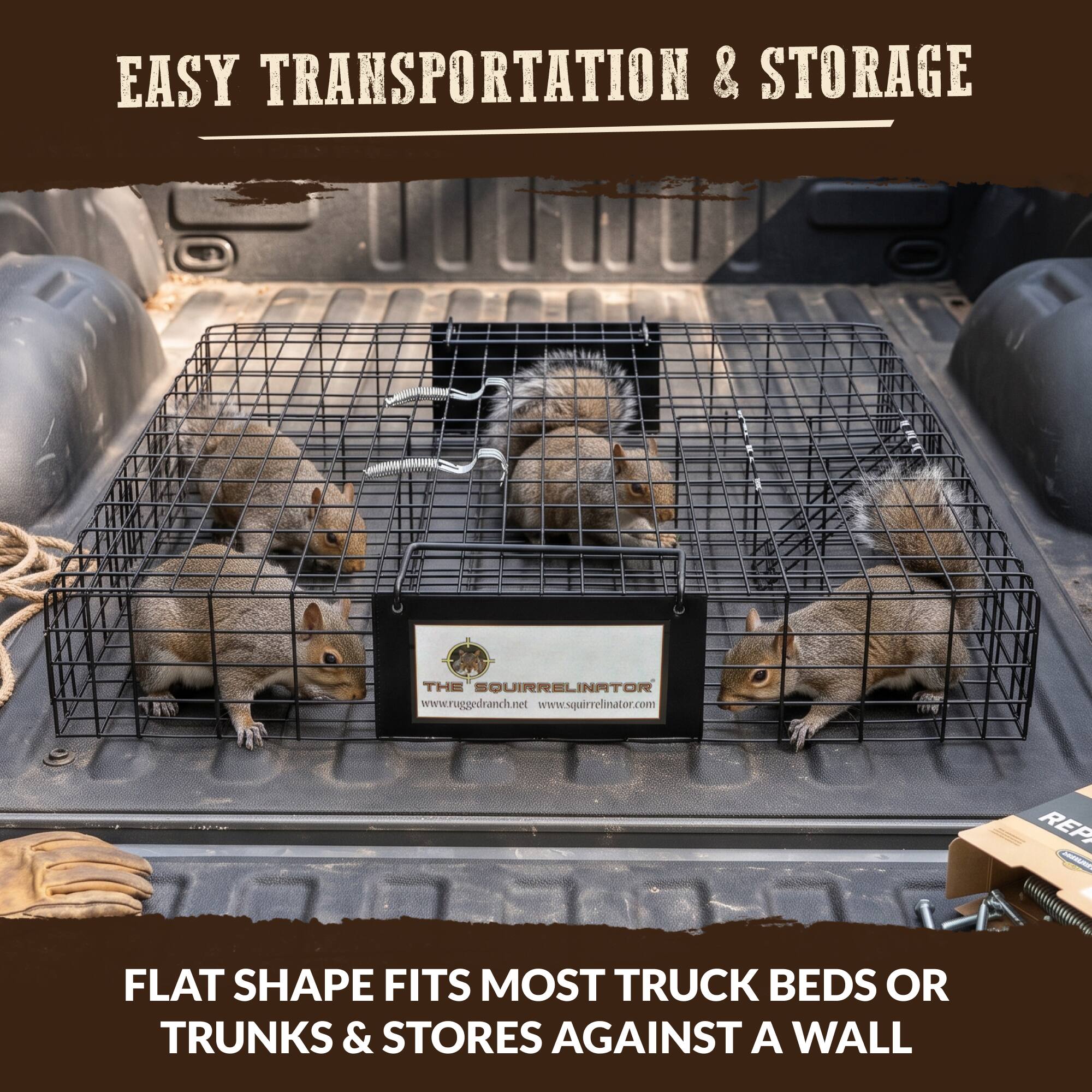 EASY TRANSPORTATION & STORAGE

THE SQUIRRELINATOR
www.ruggedranch.net
www.squirrelinator.com

FLAT SHAPE FITS MOST TRUCK BEDS OR TRUNKS & STORES AGAINST A WALL